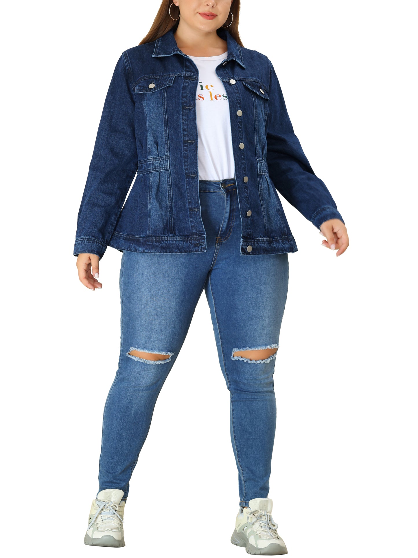 Women Plus Size Denim Jacket Long Sleeve Button Down Washed Front Trucker Jean Jacket