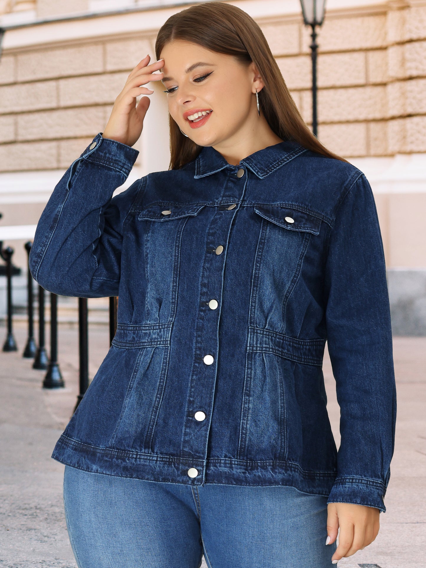 Women Plus Size Denim Jacket Long Sleeve Button Down Washed Front Trucker Jean Jacket