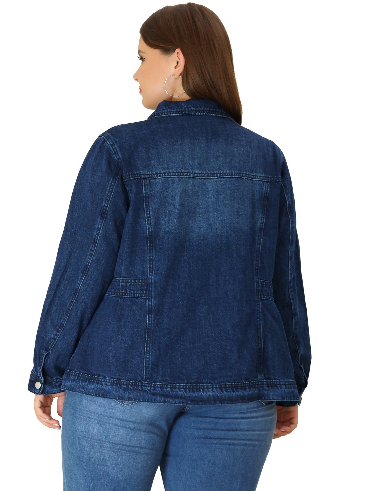 Women Plus Size Denim Jacket Long Sleeve Button Down Washed Front Trucker Jean Jacket