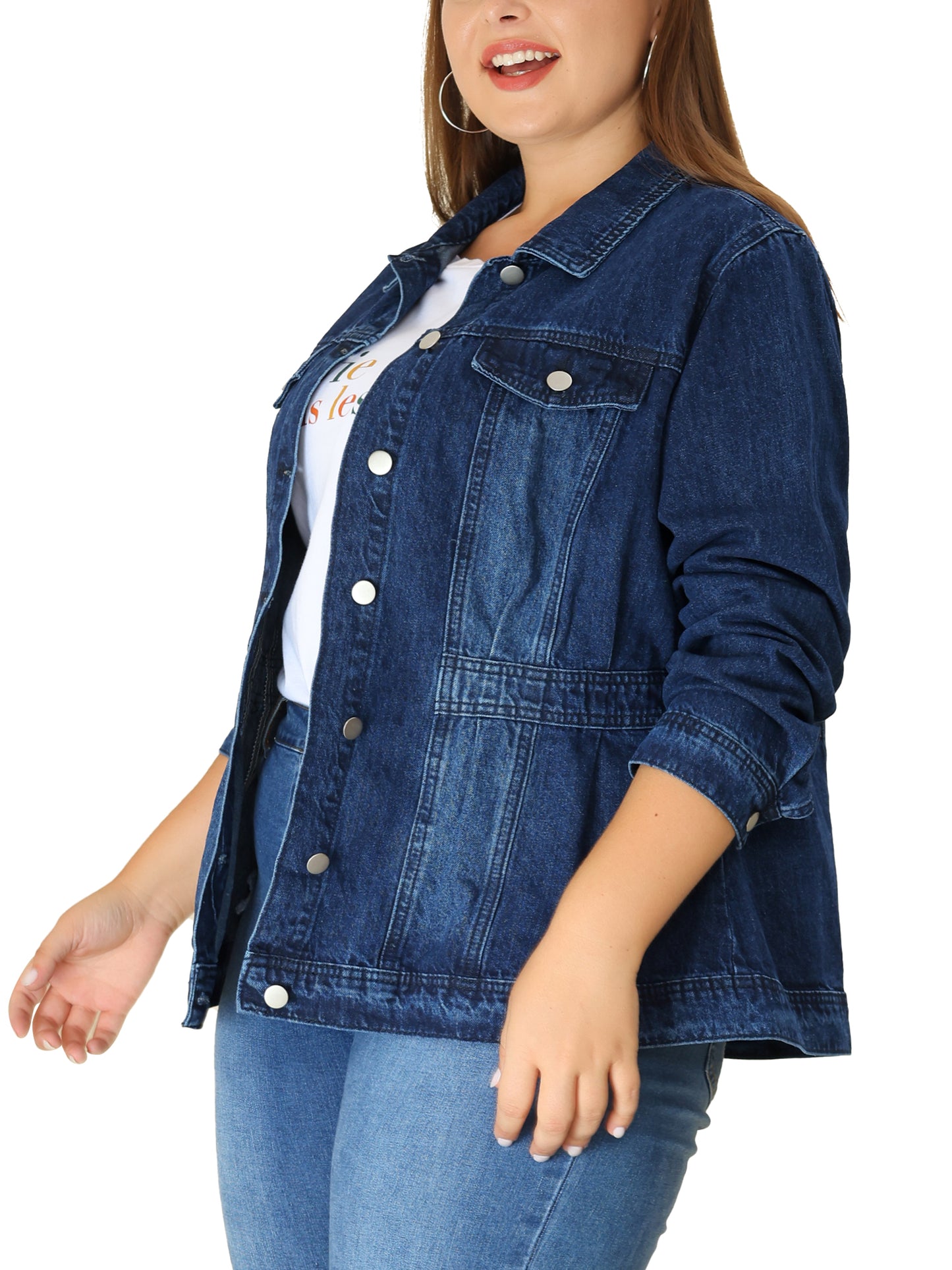 Women Plus Size Denim Jacket Long Sleeve Button Down Washed Front Trucker Jean Jacket