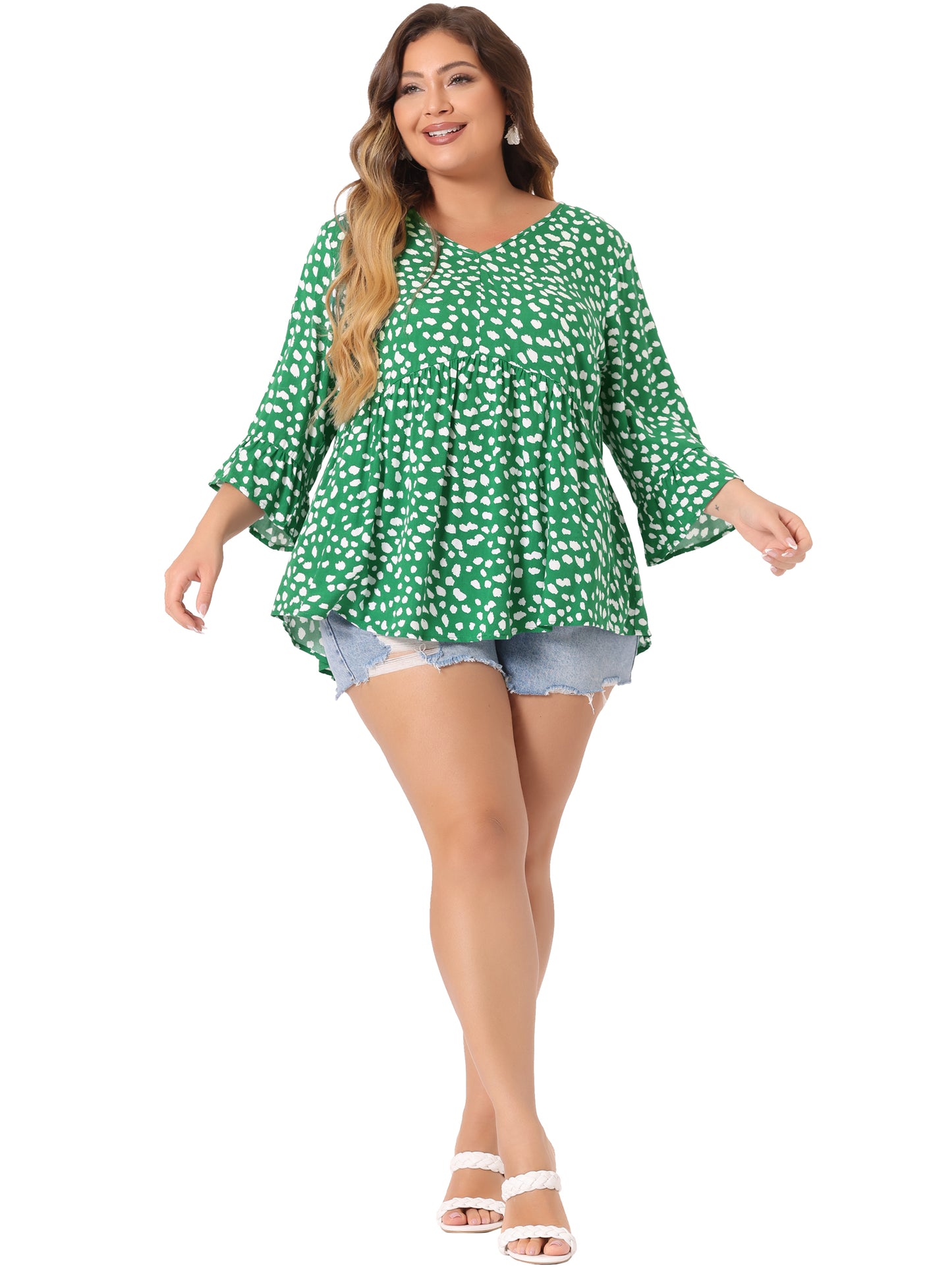 Women Plus Size Polka Dots Blouses V Neck 3/4 Ruffle Sleeve Peplum Top