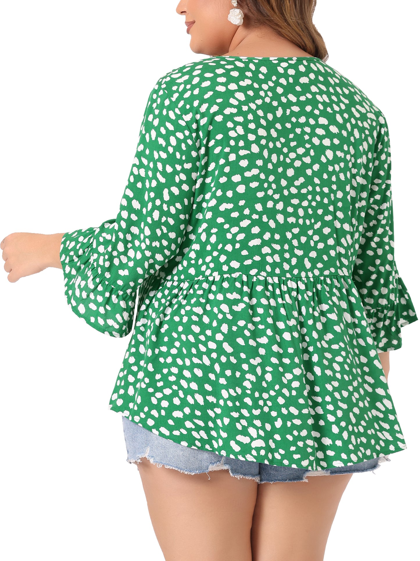 Women Plus Size Polka Dots Blouses V Neck 3/4 Ruffle Sleeve Peplum Top