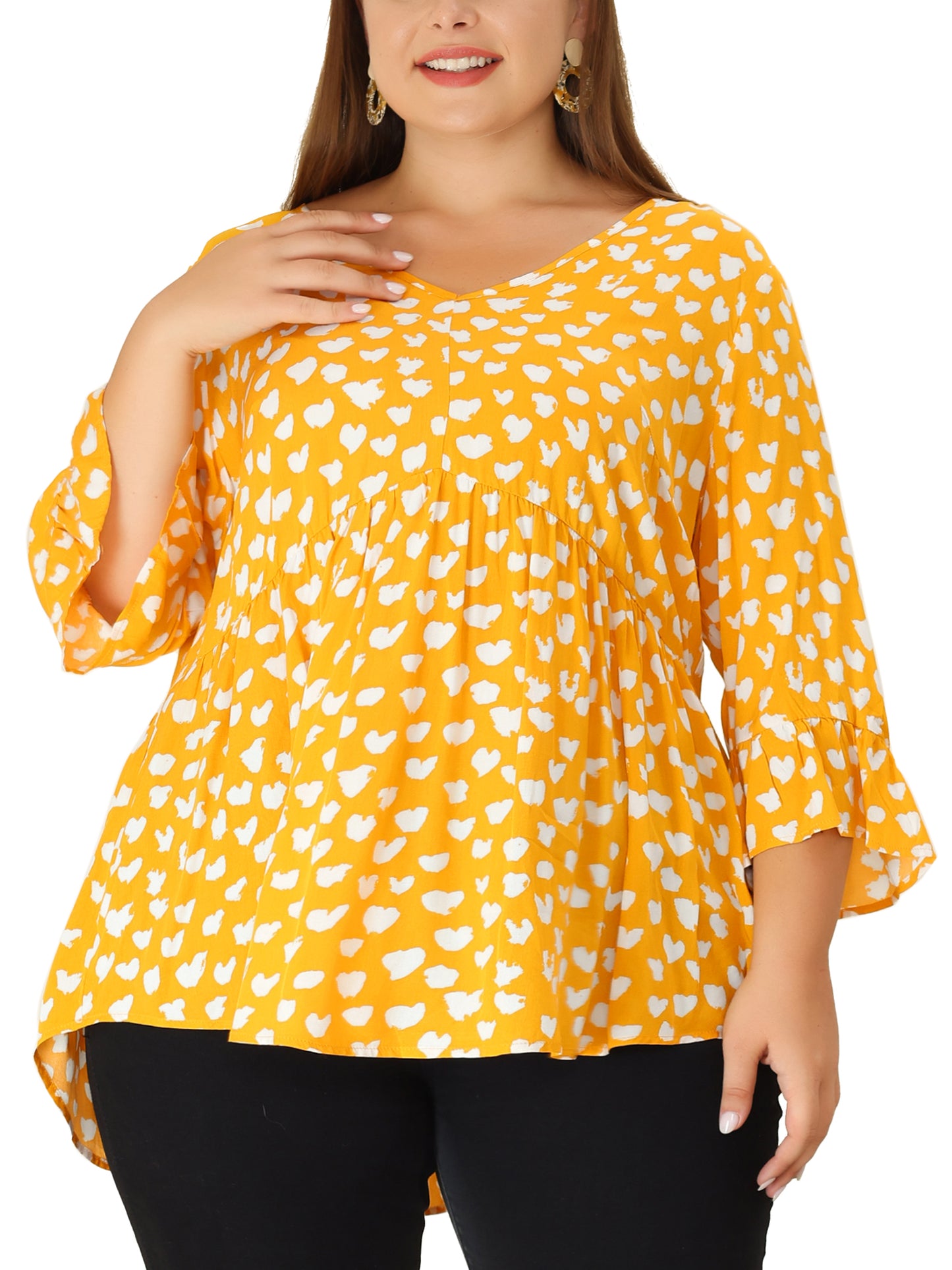 Women Plus Size Polka Dots Blouses V Neck 3/4 Ruffle Sleeve Peplum Top