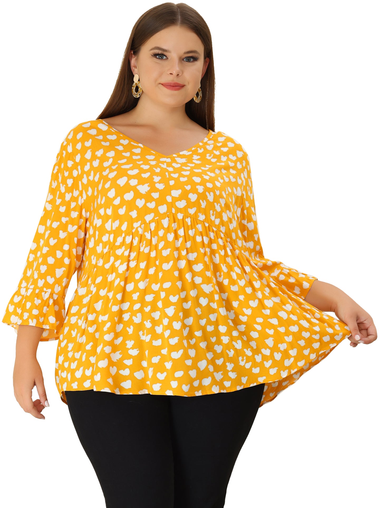 Women Plus Size Polka Dots Blouses V Neck 3/4 Ruffle Sleeve Peplum Top
