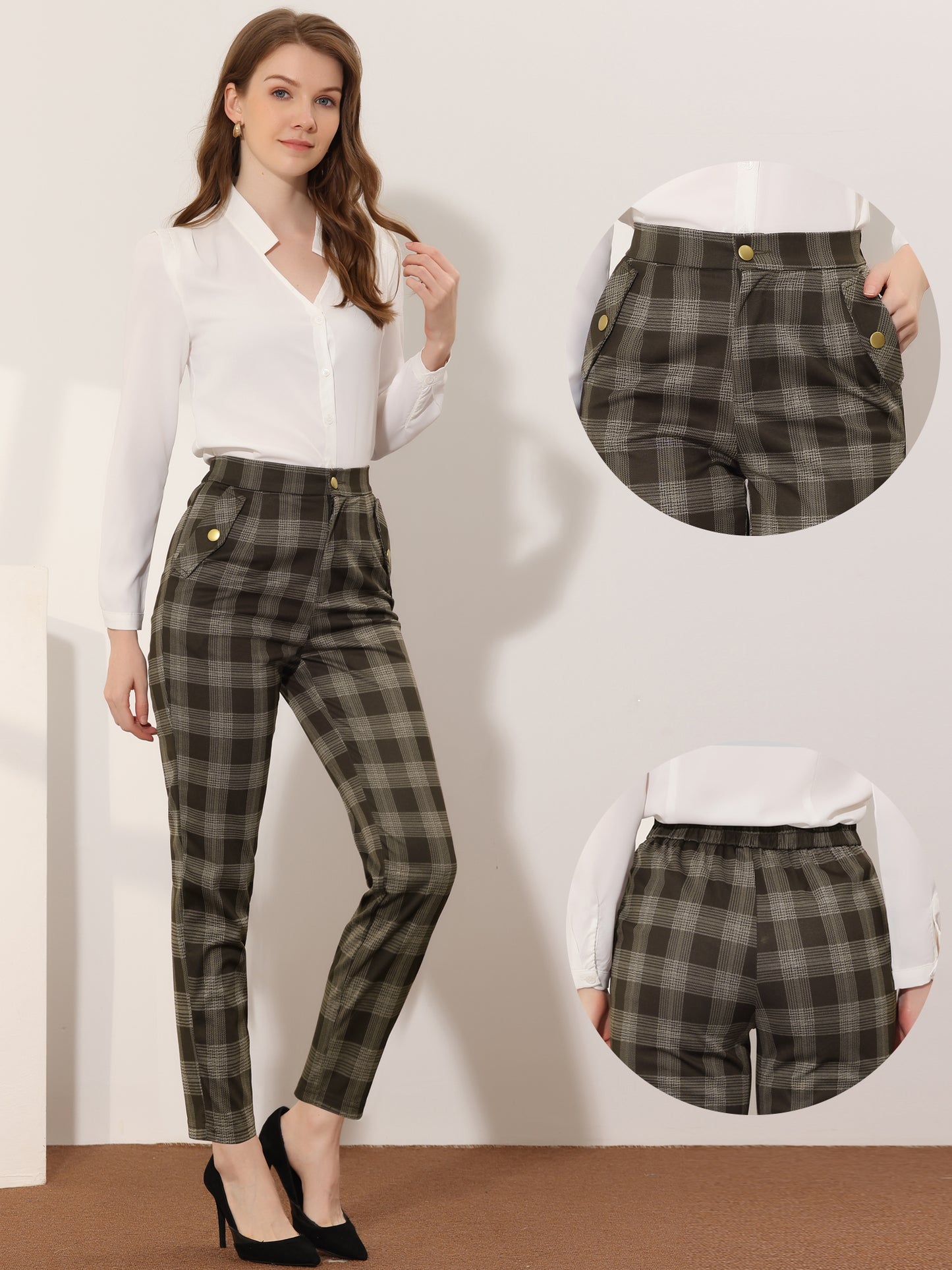 Women's Retro Tartan Plaid Pants Elastic Waist Straight Long Trousers