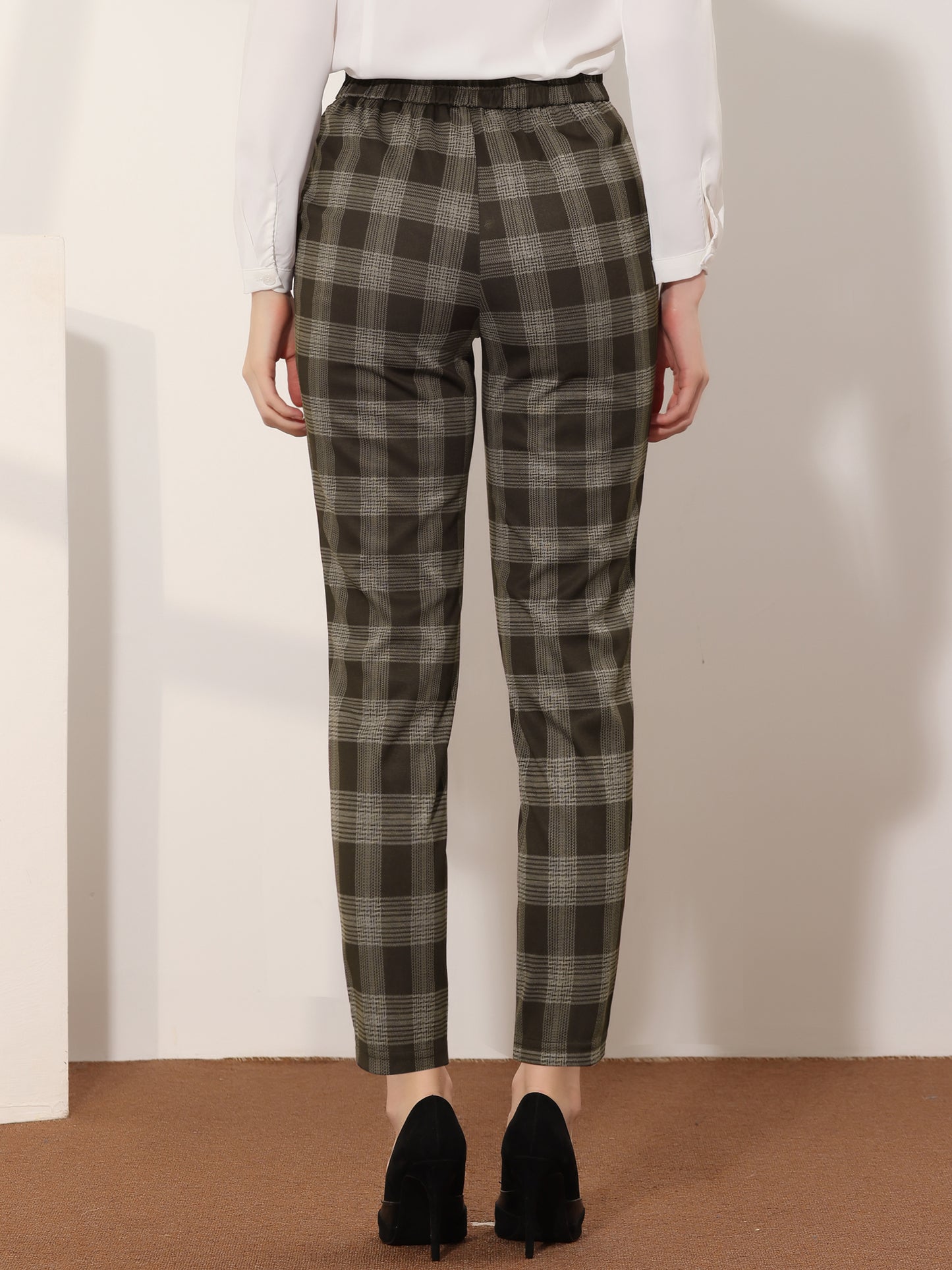 Women's Retro Tartan Plaid Pants Elastic Waist Straight Long Trousers