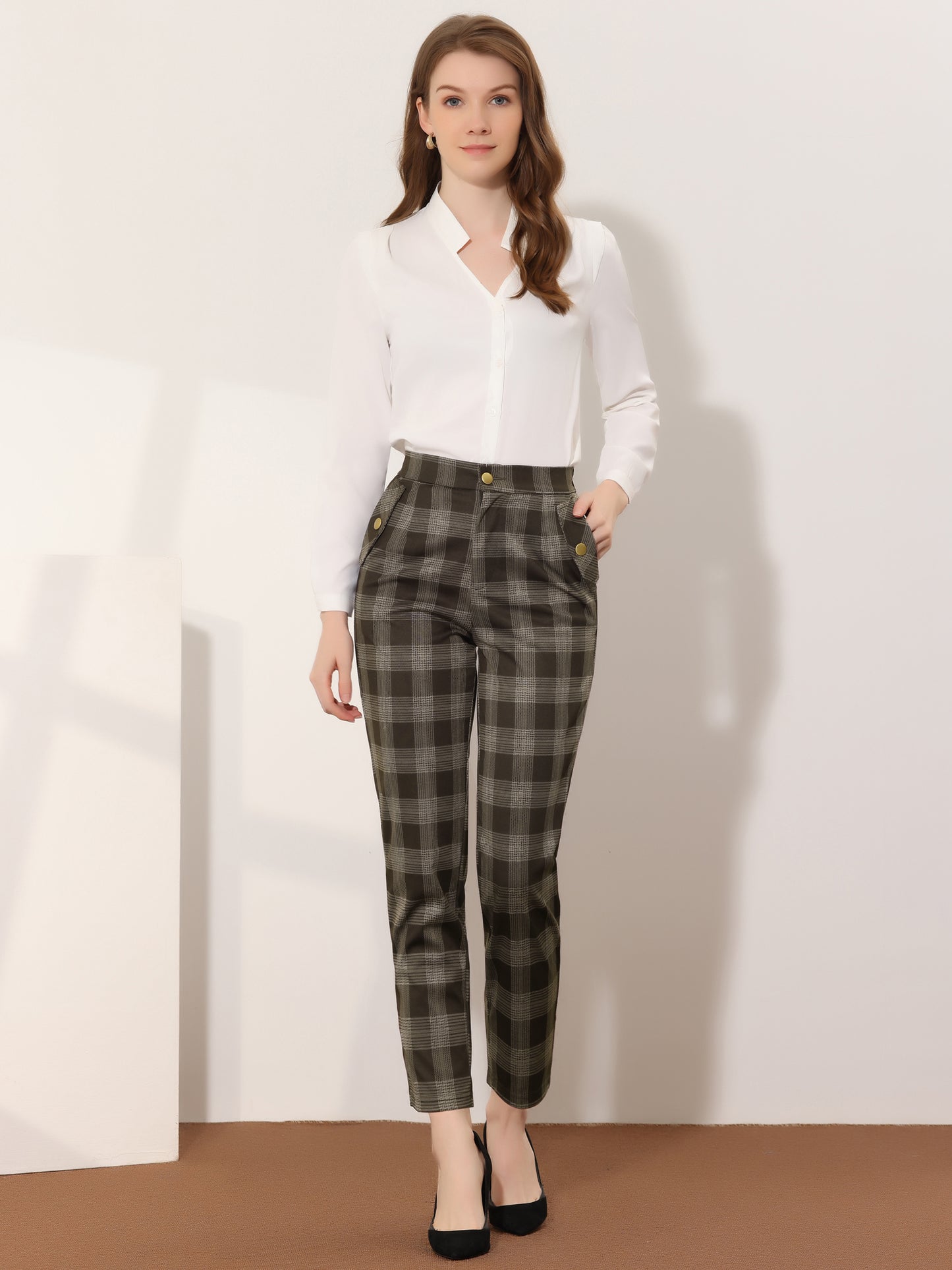 Women's Retro Tartan Plaid Pants Elastic Waist Straight Long Trousers
