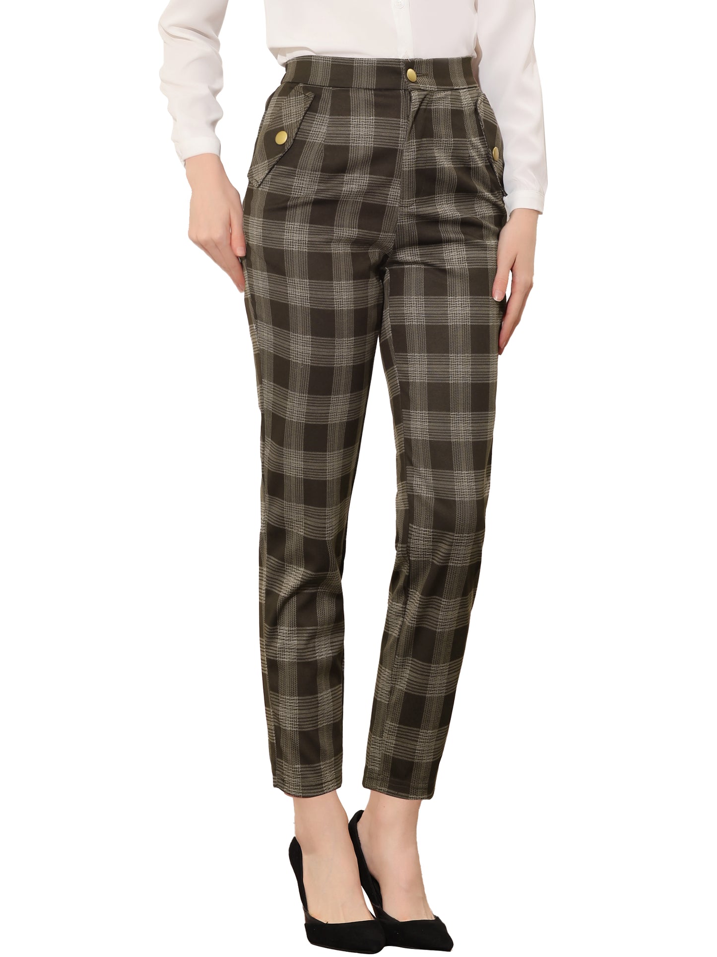 Women's Retro Tartan Plaid Pants Elastic Waist Straight Long Trousers
