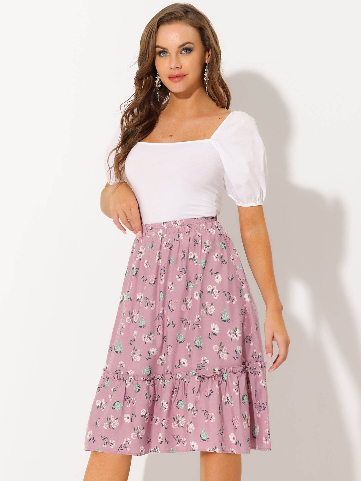 Falda de mujer hasta la rodilla con estampado floral, cintura elástica, fluida, con volantes en forma de A y capas