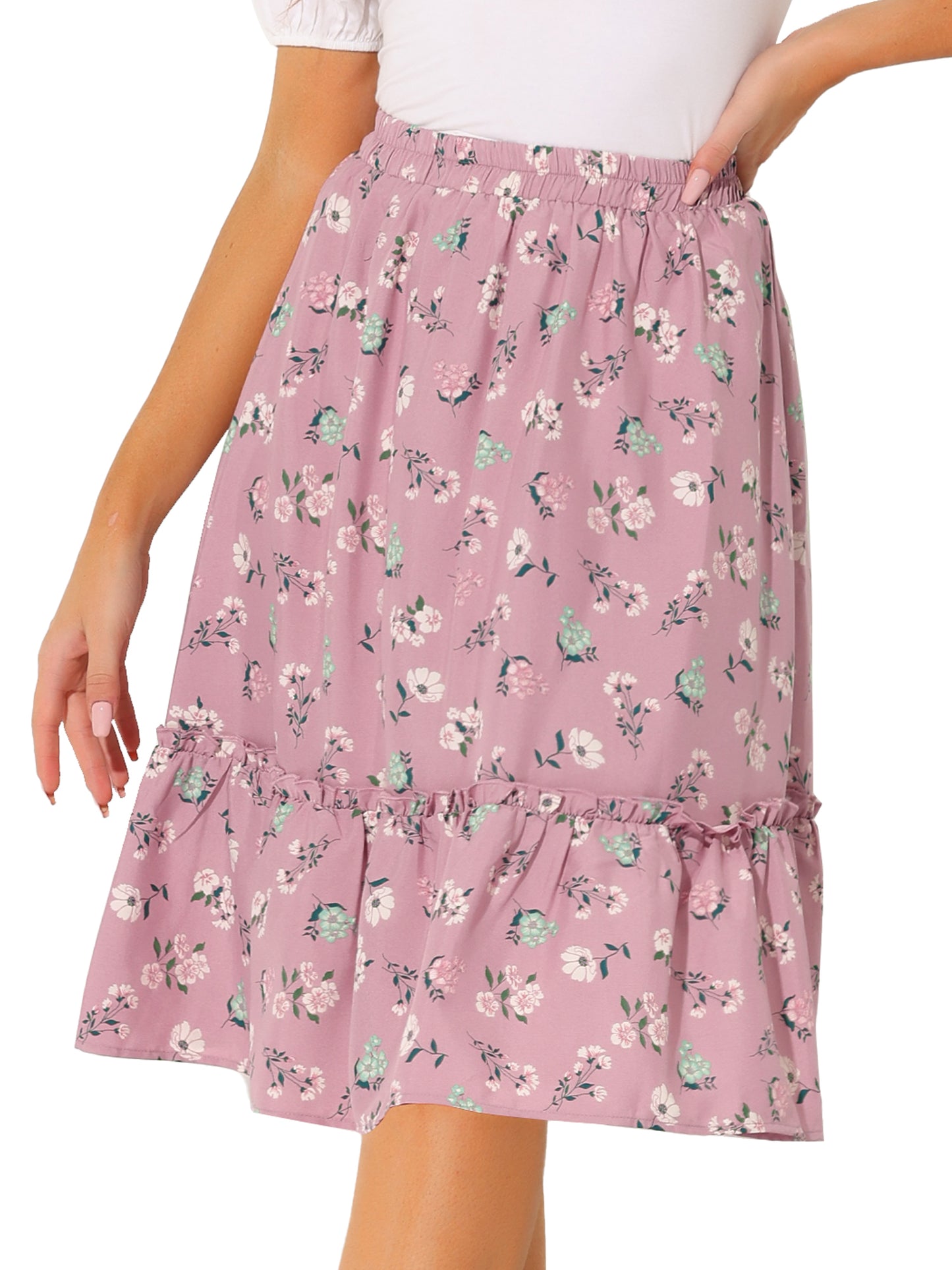 Falda de mujer hasta la rodilla con estampado floral, cintura elástica, fluida, con volantes en forma de A y capas
