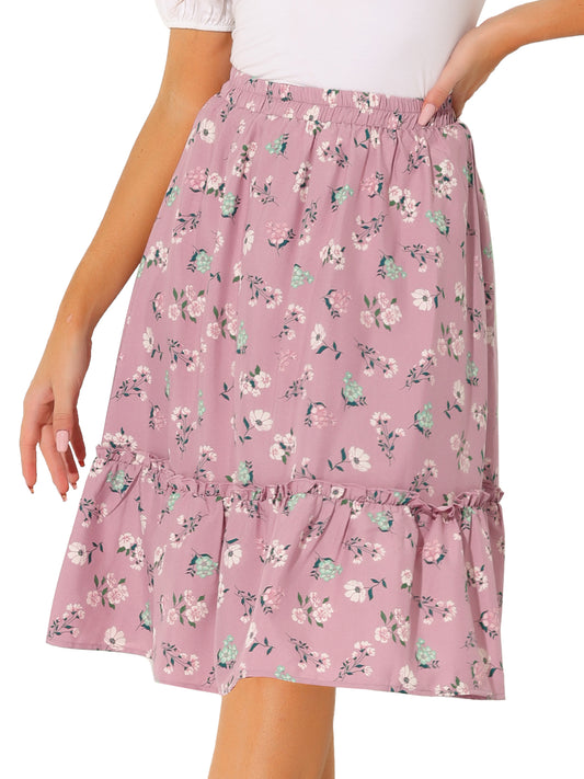 Women's Knee Length Skirt Floral Elastic Waist Flowy Tiered A-Line Ruffle Skirt