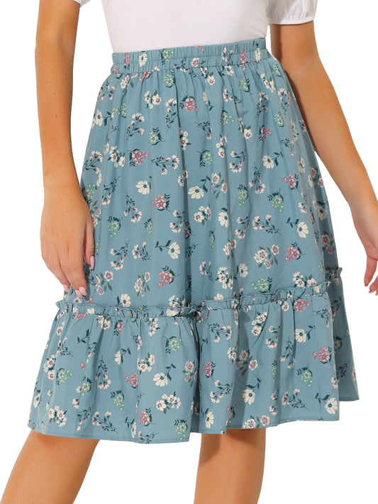 Women's Knee Length Skirt Floral Elastic Waist Flowy Tiered A-Line Ruffle Skirt
