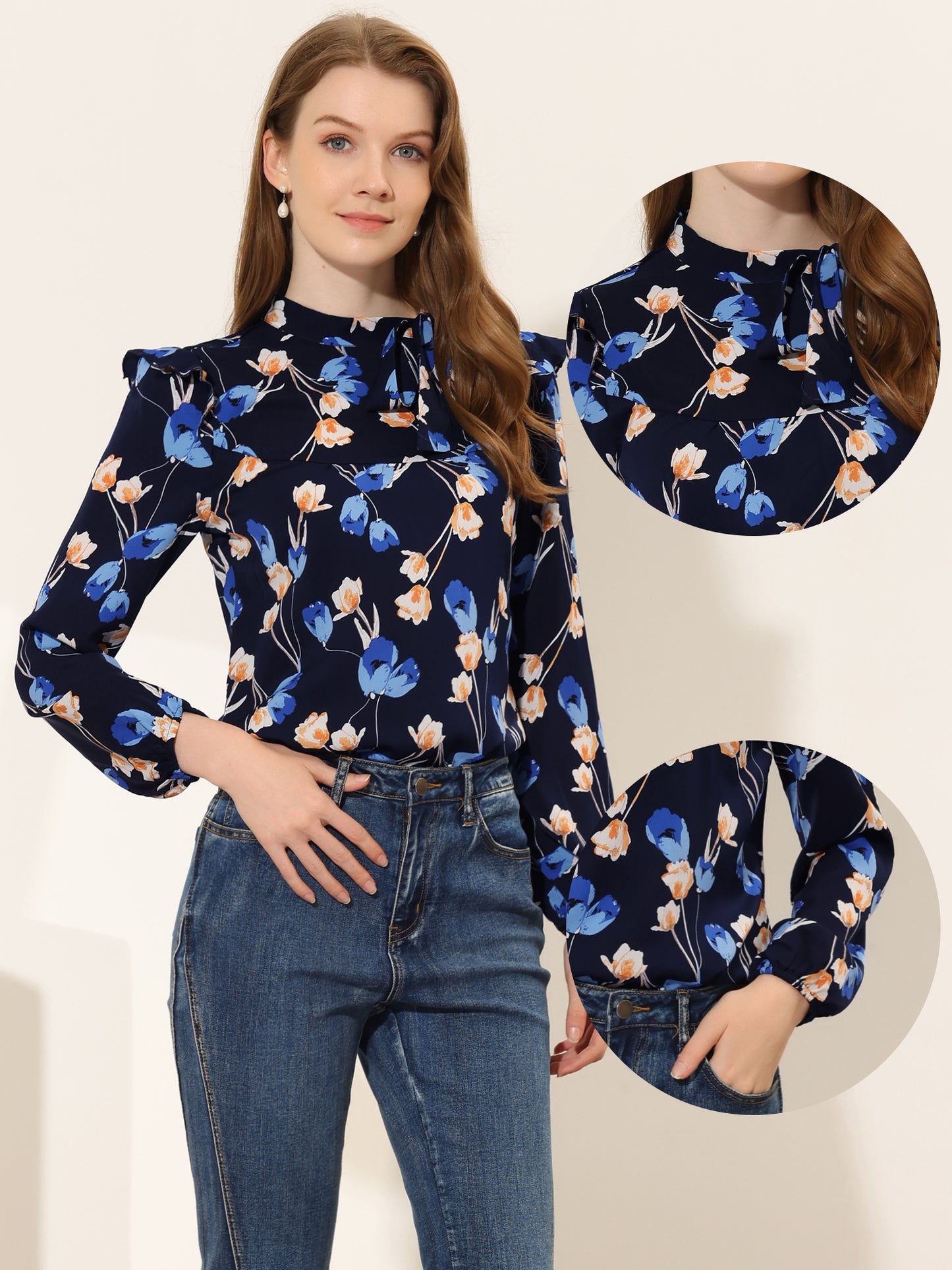 Women's Bow Tie Neck Long Sleeve Floral Ruffled Blouse