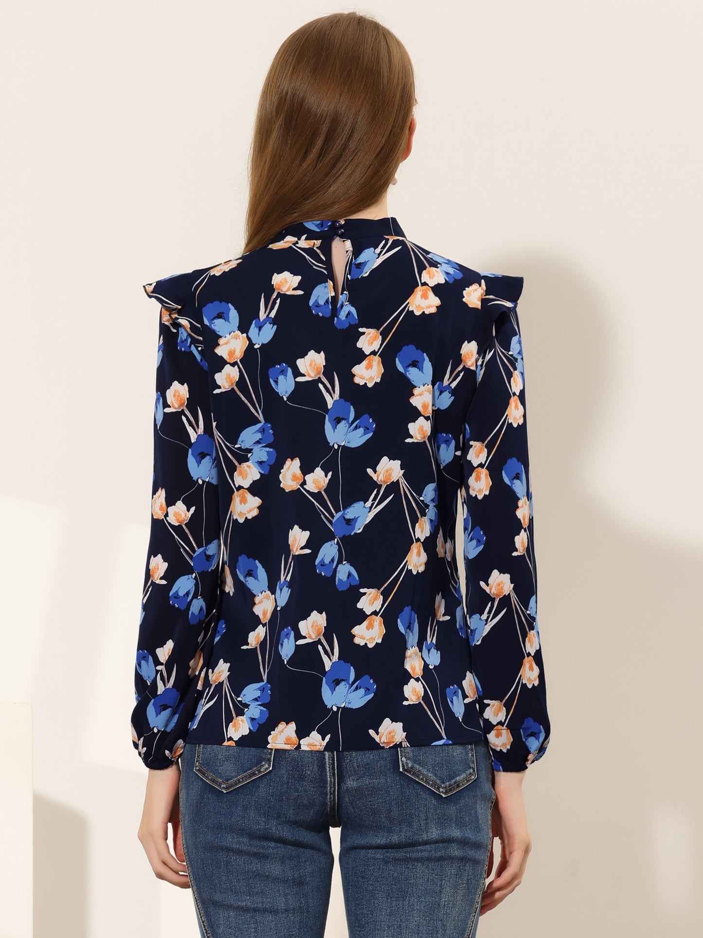 Women's Bow Tie Neck Long Sleeve Floral Ruffled Blouse