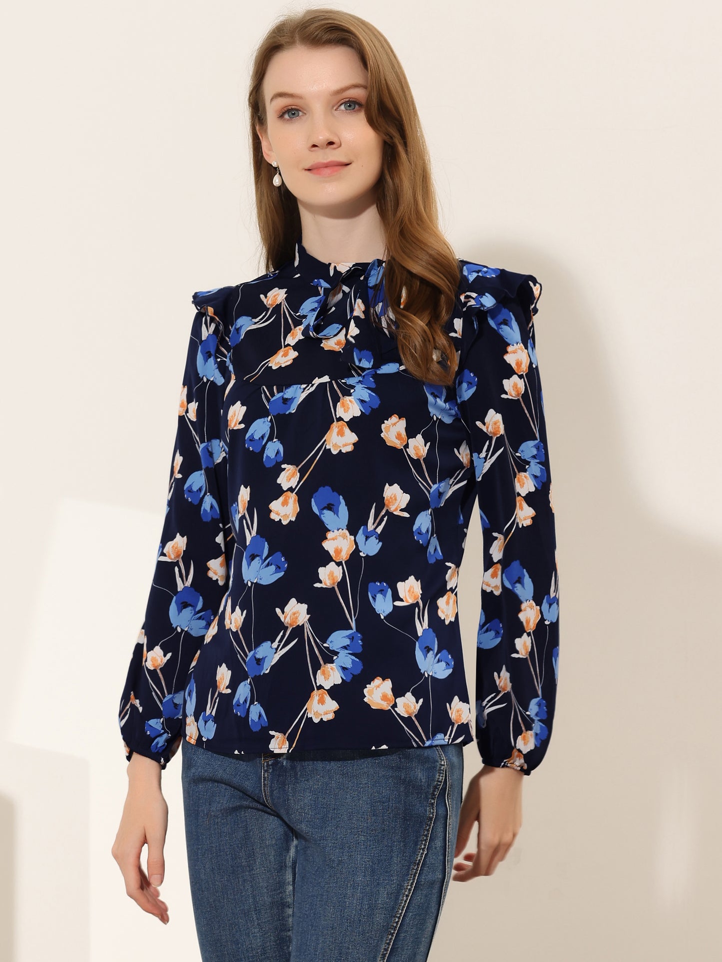 Women's Bow Tie Neck Long Sleeve Floral Ruffled Blouse