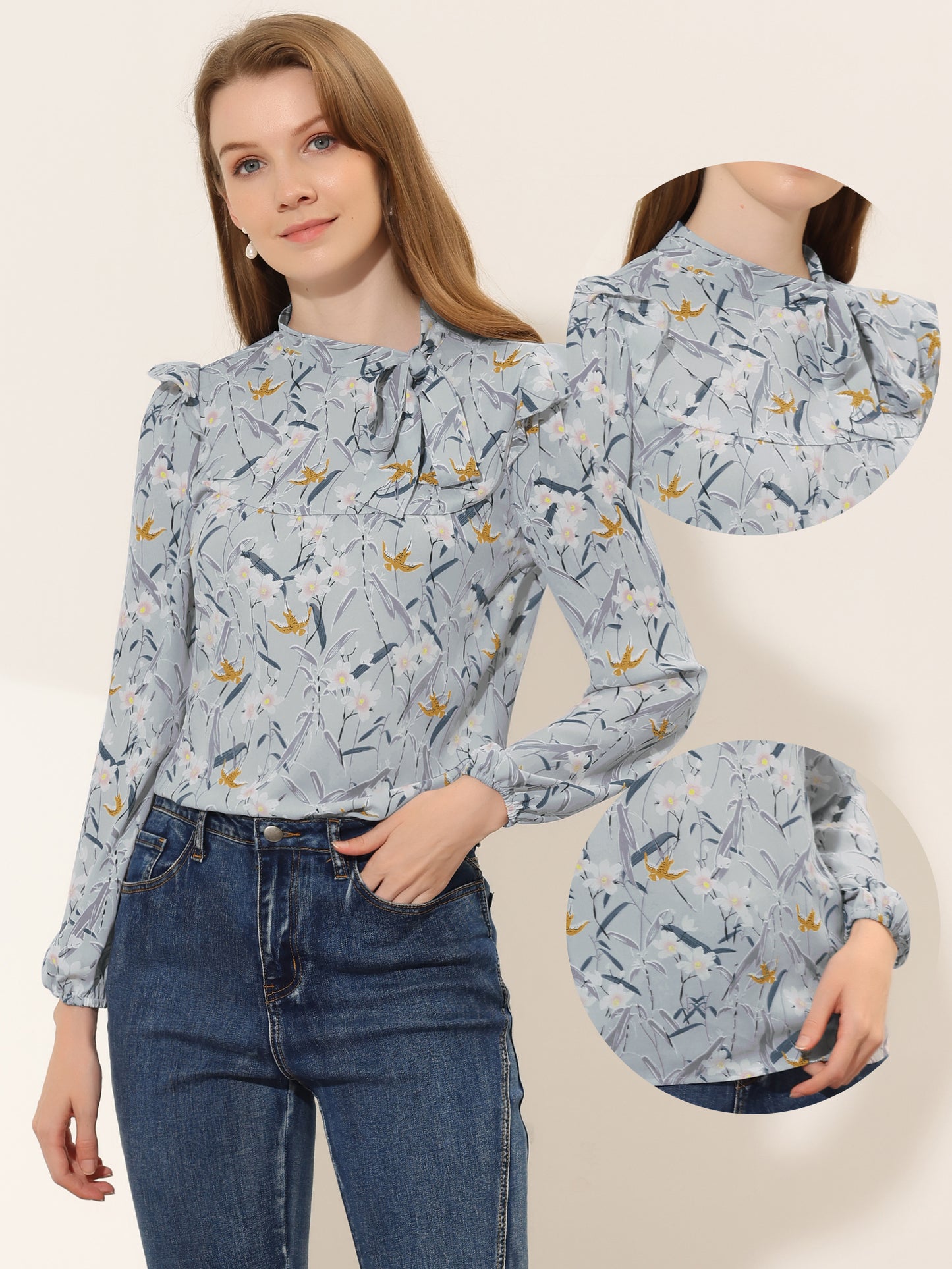 Women's Bow Tie Neck Long Sleeve Floral Ruffled Blouse