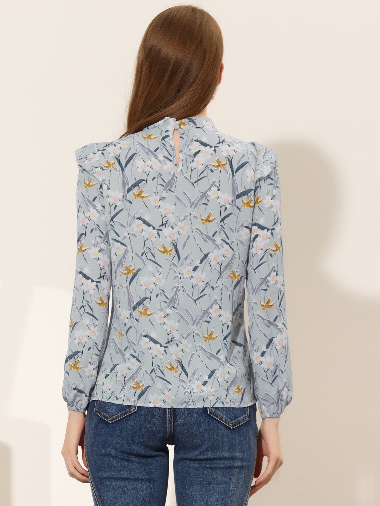 Women's Bow Tie Neck Long Sleeve Floral Ruffled Blouse
