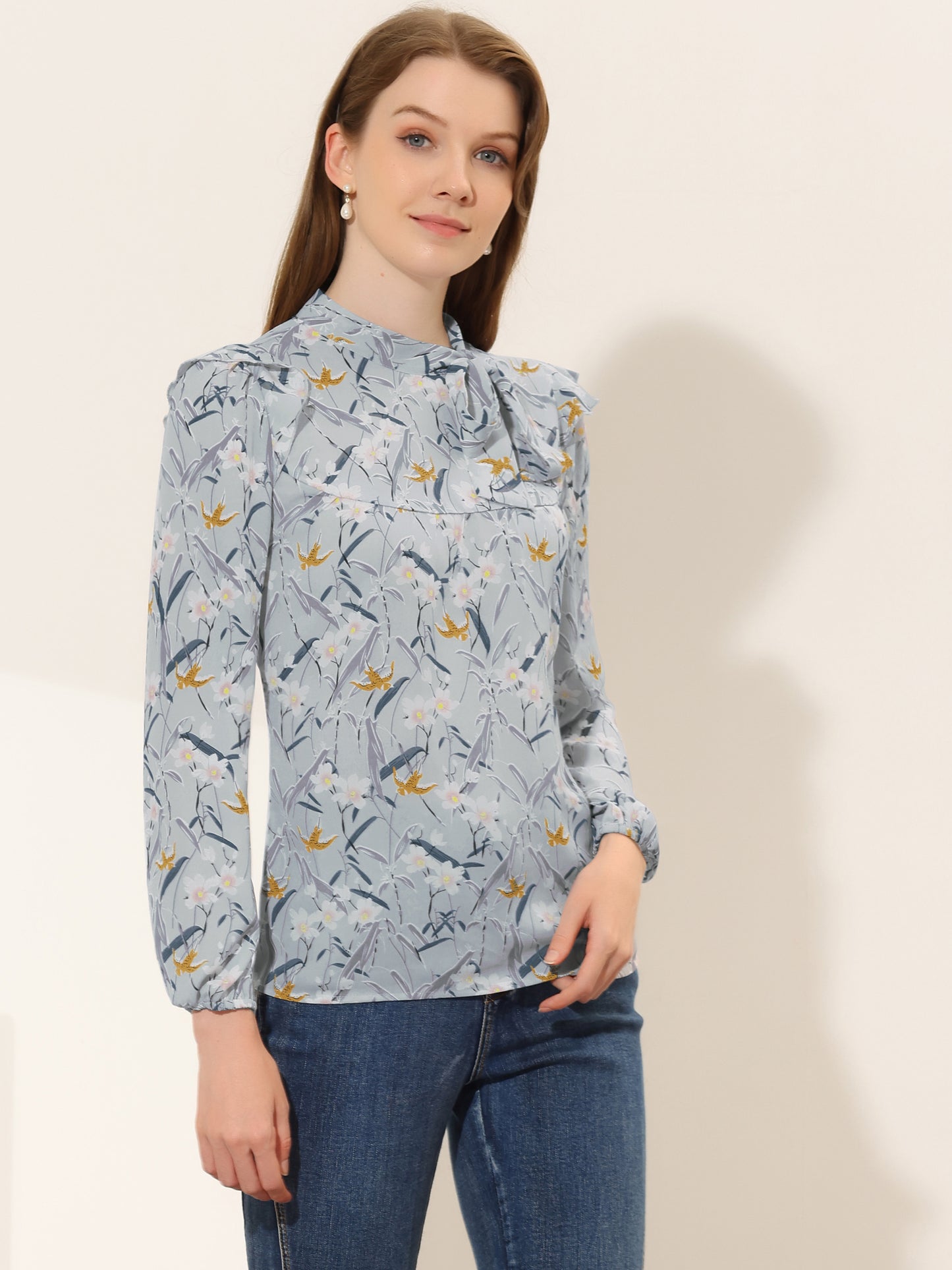 Women's Bow Tie Neck Long Sleeve Floral Ruffled Blouse