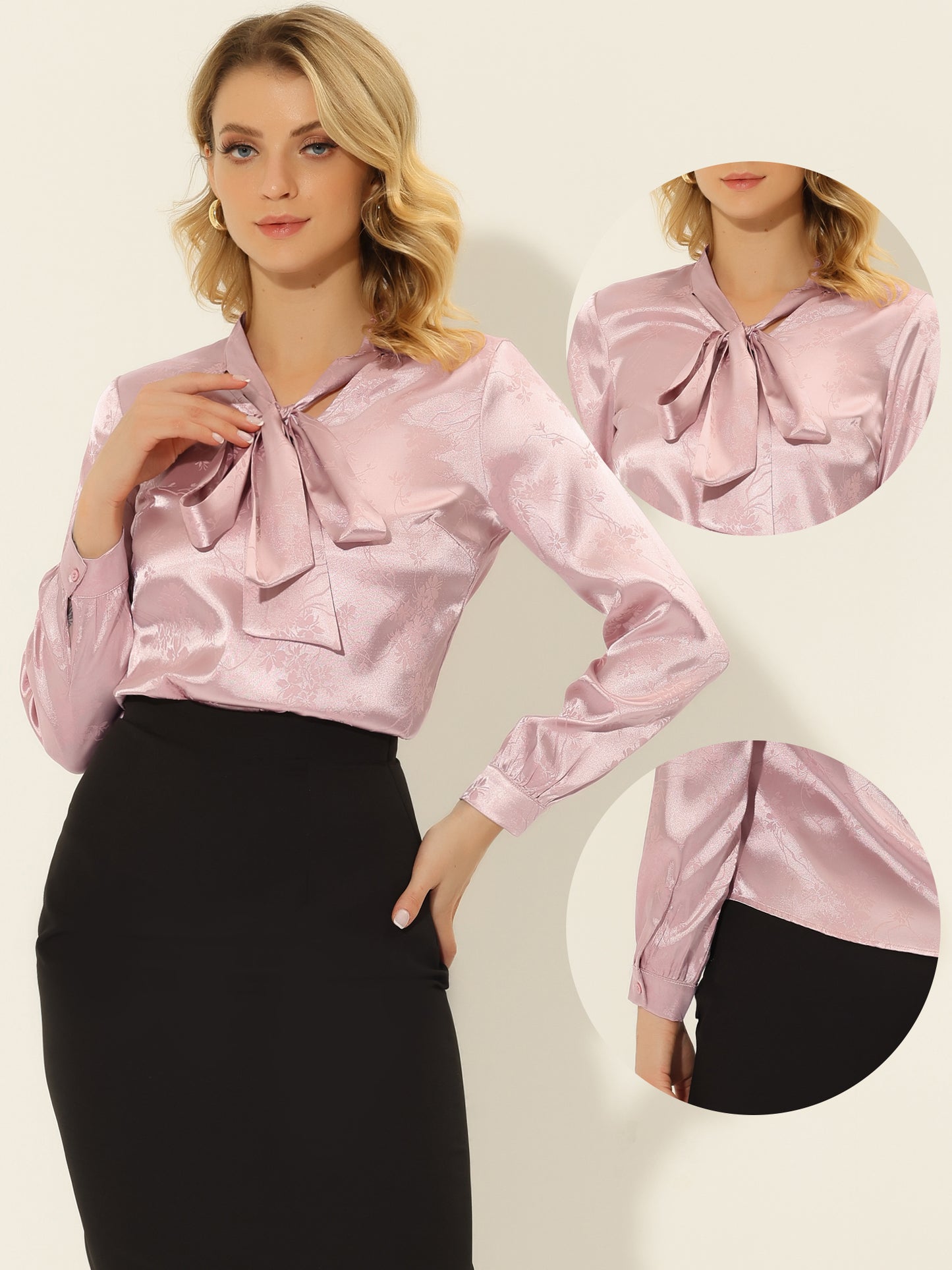Women's Bow Tie Neck Long Sleeve Printed Satin Embossed Blouse