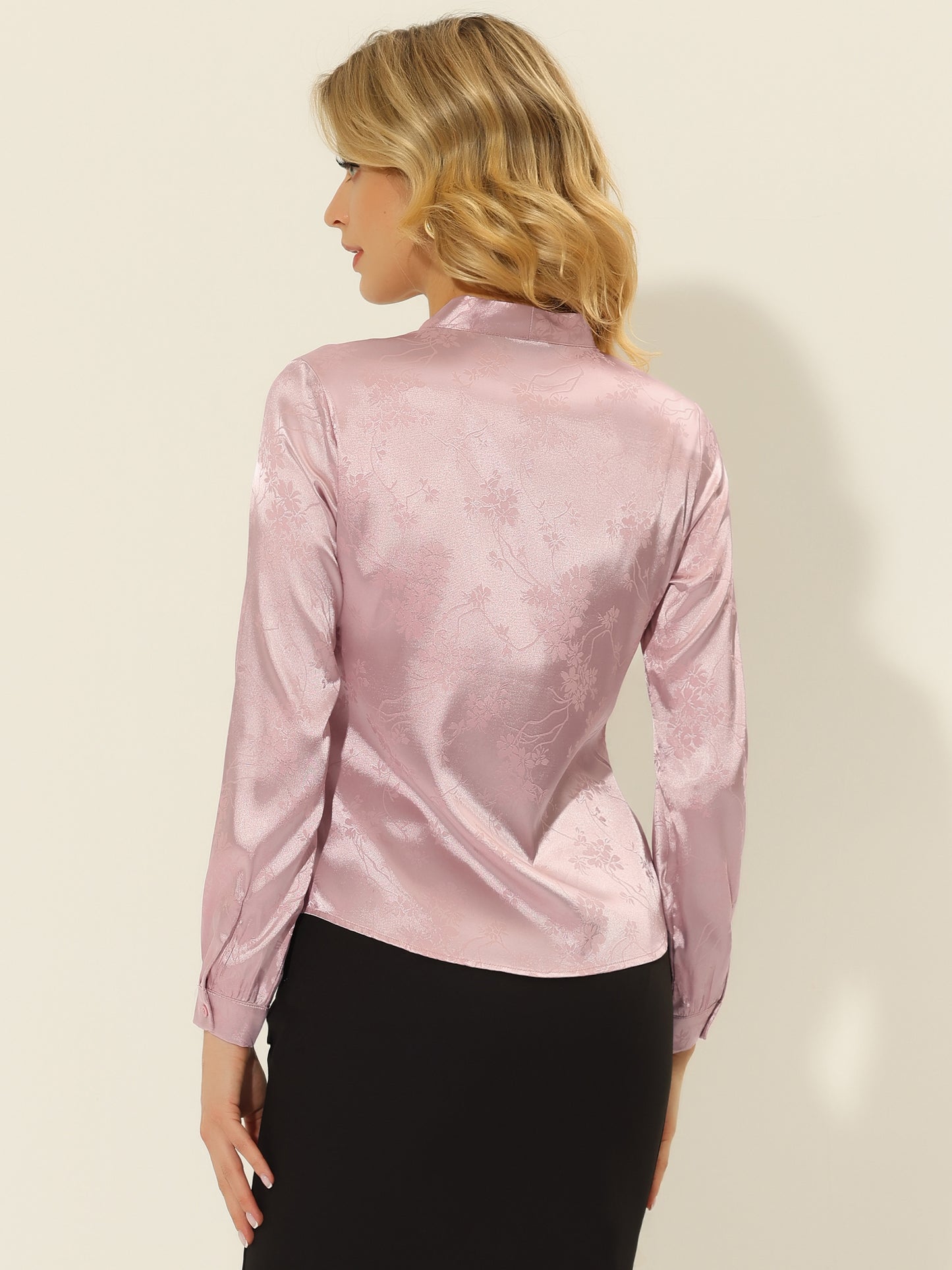 Women's Bow Tie Neck Long Sleeve Printed Satin Embossed Blouse