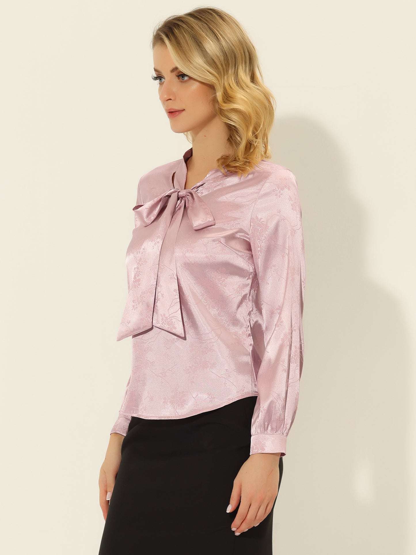 Women's Bow Tie Neck Long Sleeve Printed Satin Embossed Blouse