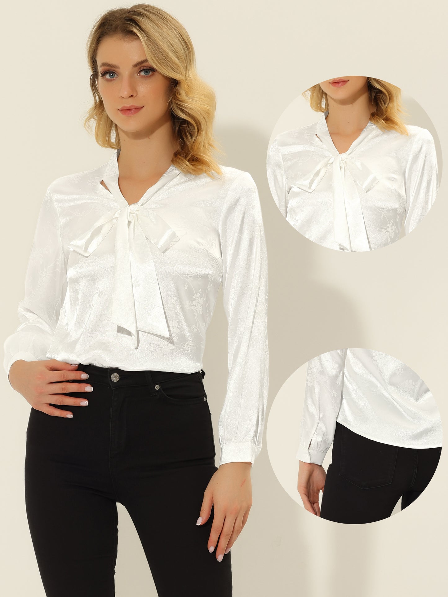 Women's Bow Tie Neck Long Sleeve Printed Satin Embossed Blouse