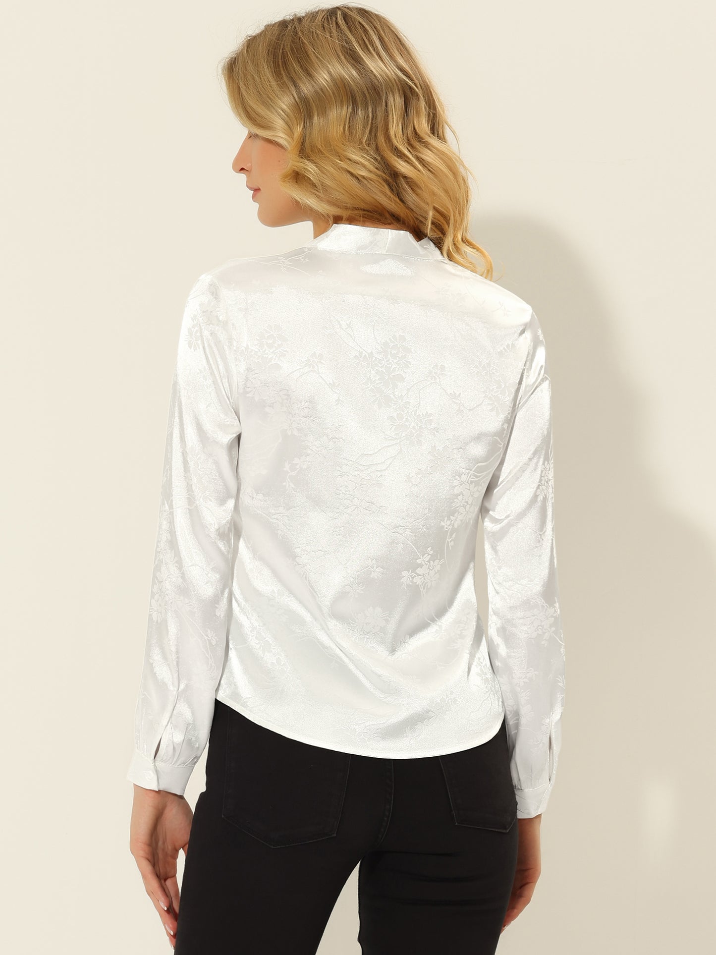 Women's Bow Tie Neck Long Sleeve Printed Satin Embossed Blouse