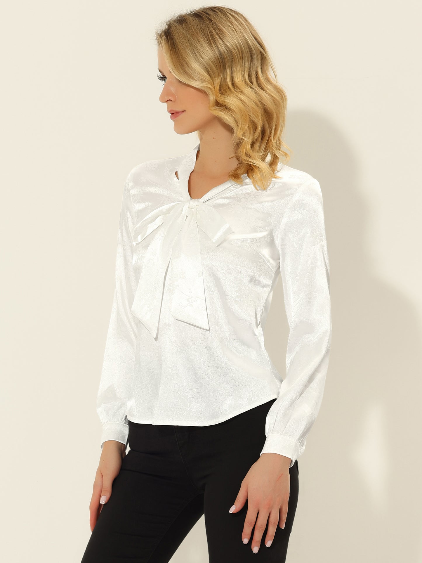 Women's Bow Tie Neck Long Sleeve Printed Satin Embossed Blouse