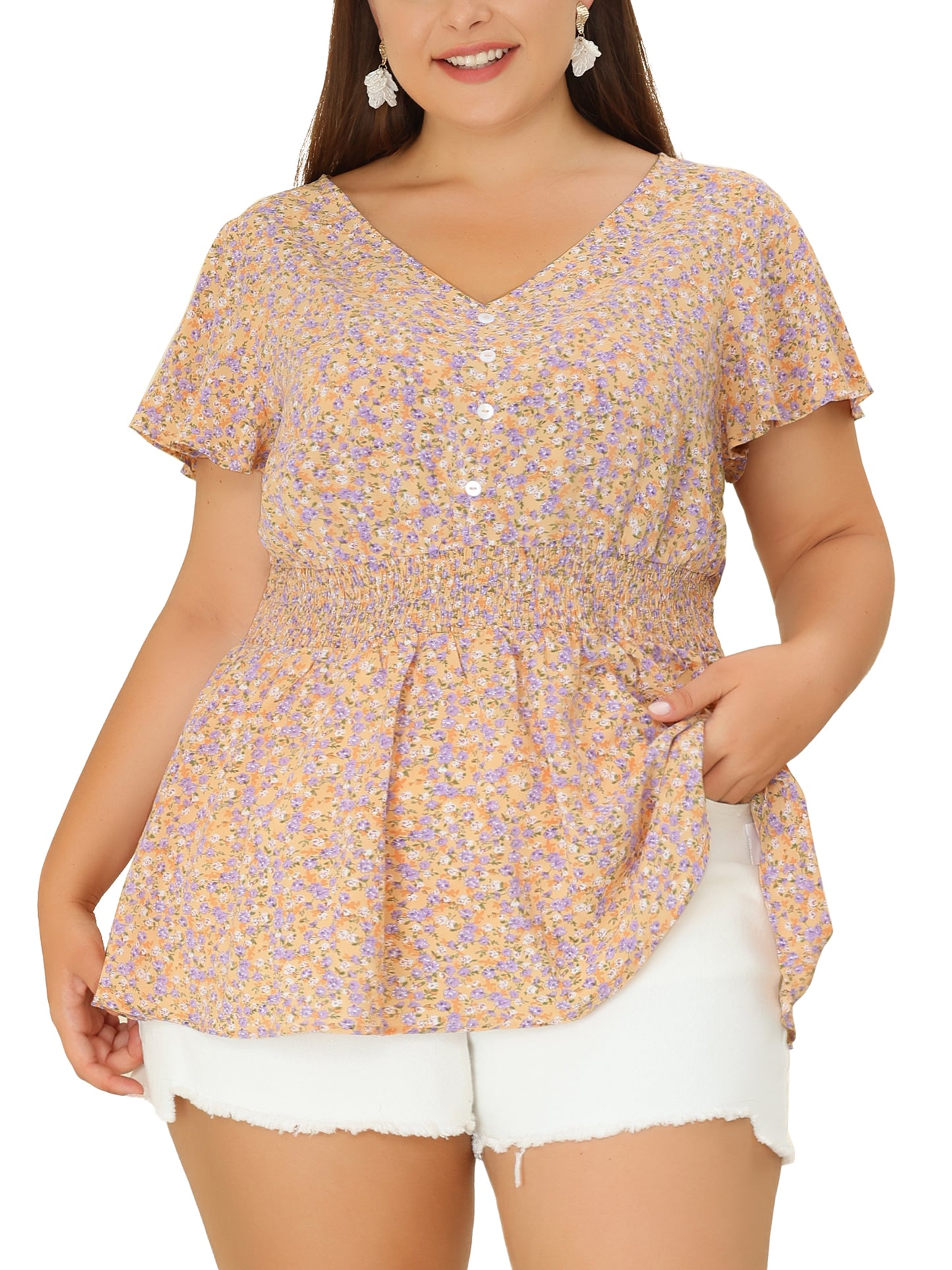 Women Plus Size Blouses Button V Neck Smocked Waist Flare Short Sleeve Peplum Floral Top