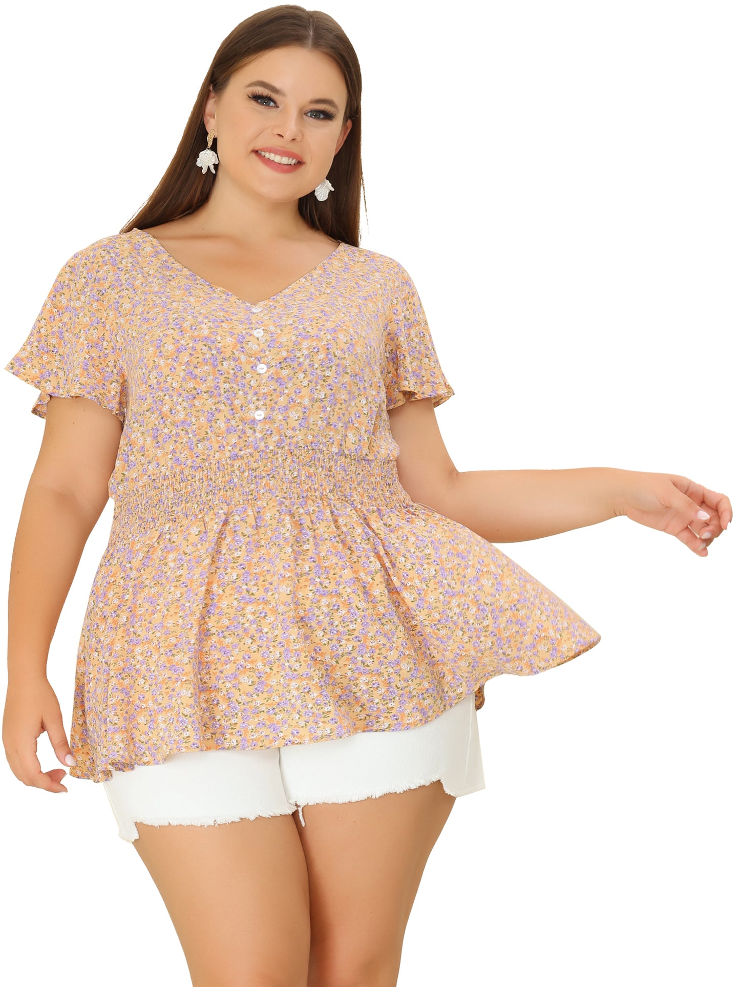 Women Plus Size Blouses Button V Neck Smocked Waist Flare Short Sleeve Peplum Floral Top