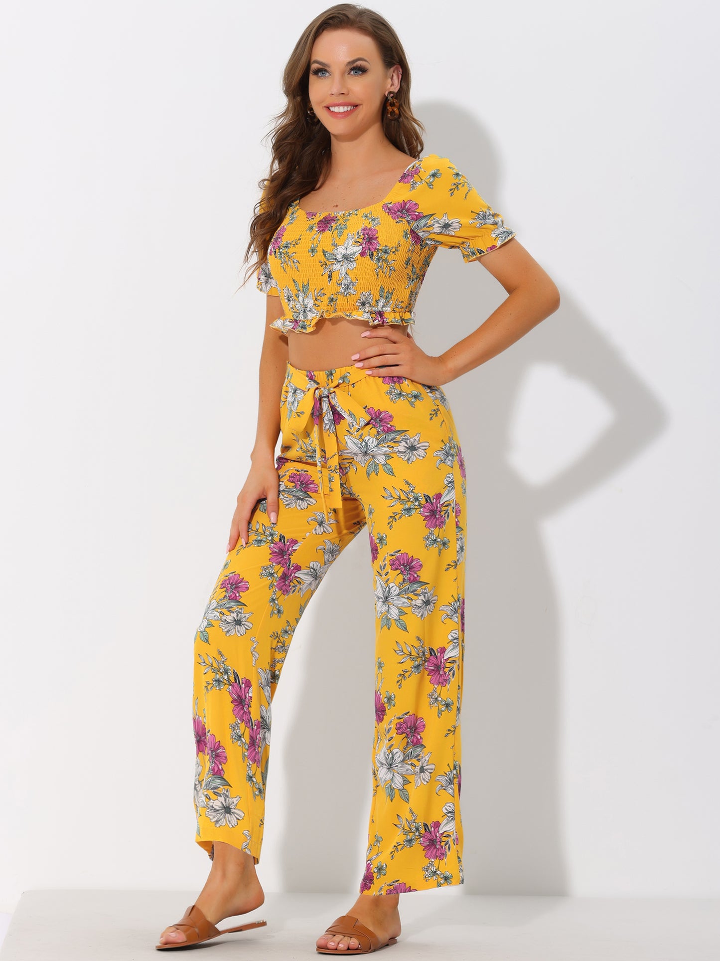 Women's Ruffle Smocked Crop Tops Tie Waist Floral Pants Set