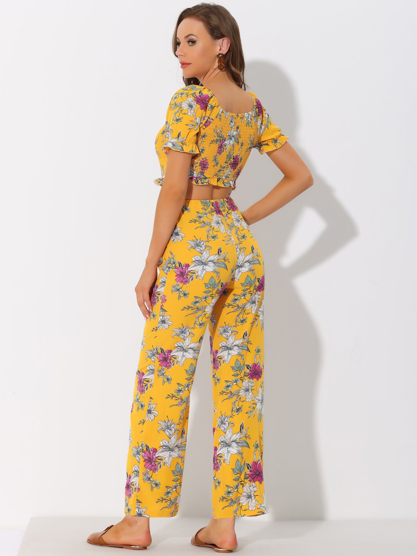 Women's Ruffle Smocked Crop Tops Tie Waist Floral Pants Set