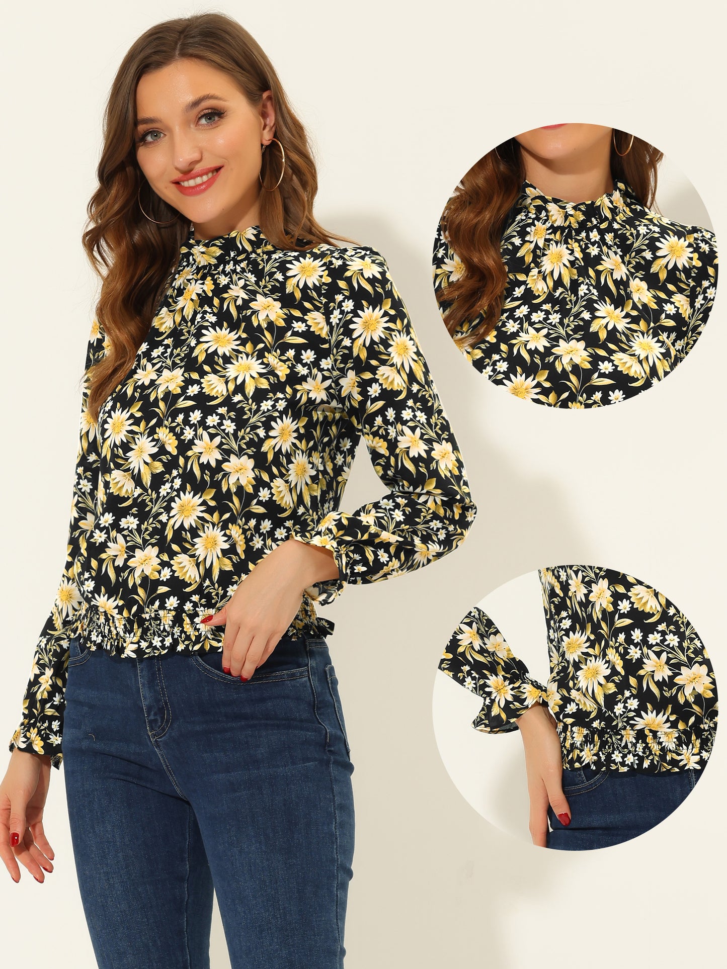 Women's Ruffled Floral Printed Vintage Collared Smocked Waist Blouse