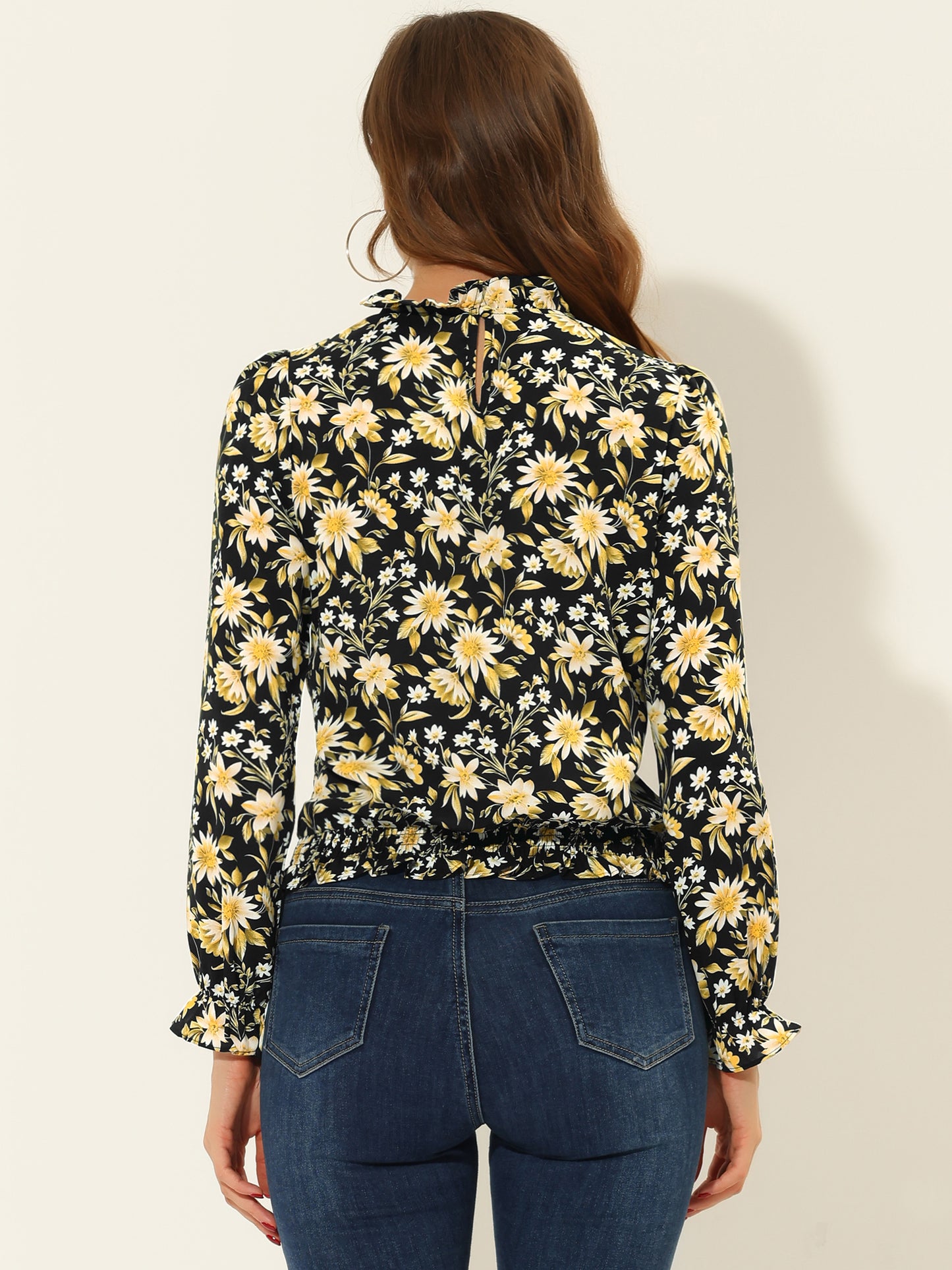 Women's Ruffled Floral Printed Vintage Collared Smocked Waist Blouse