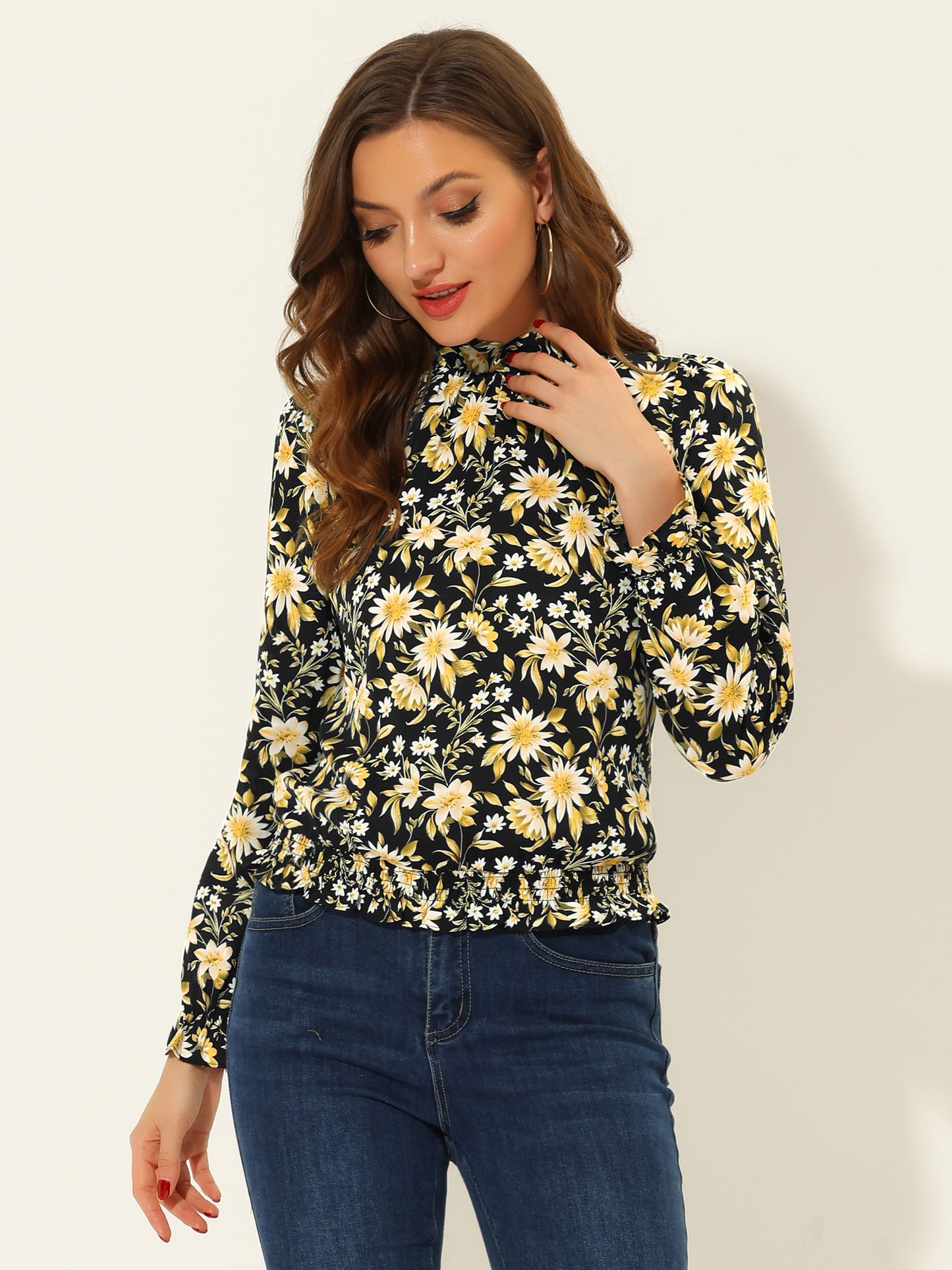Women's Ruffled Floral Printed Vintage Collared Smocked Waist Blouse
