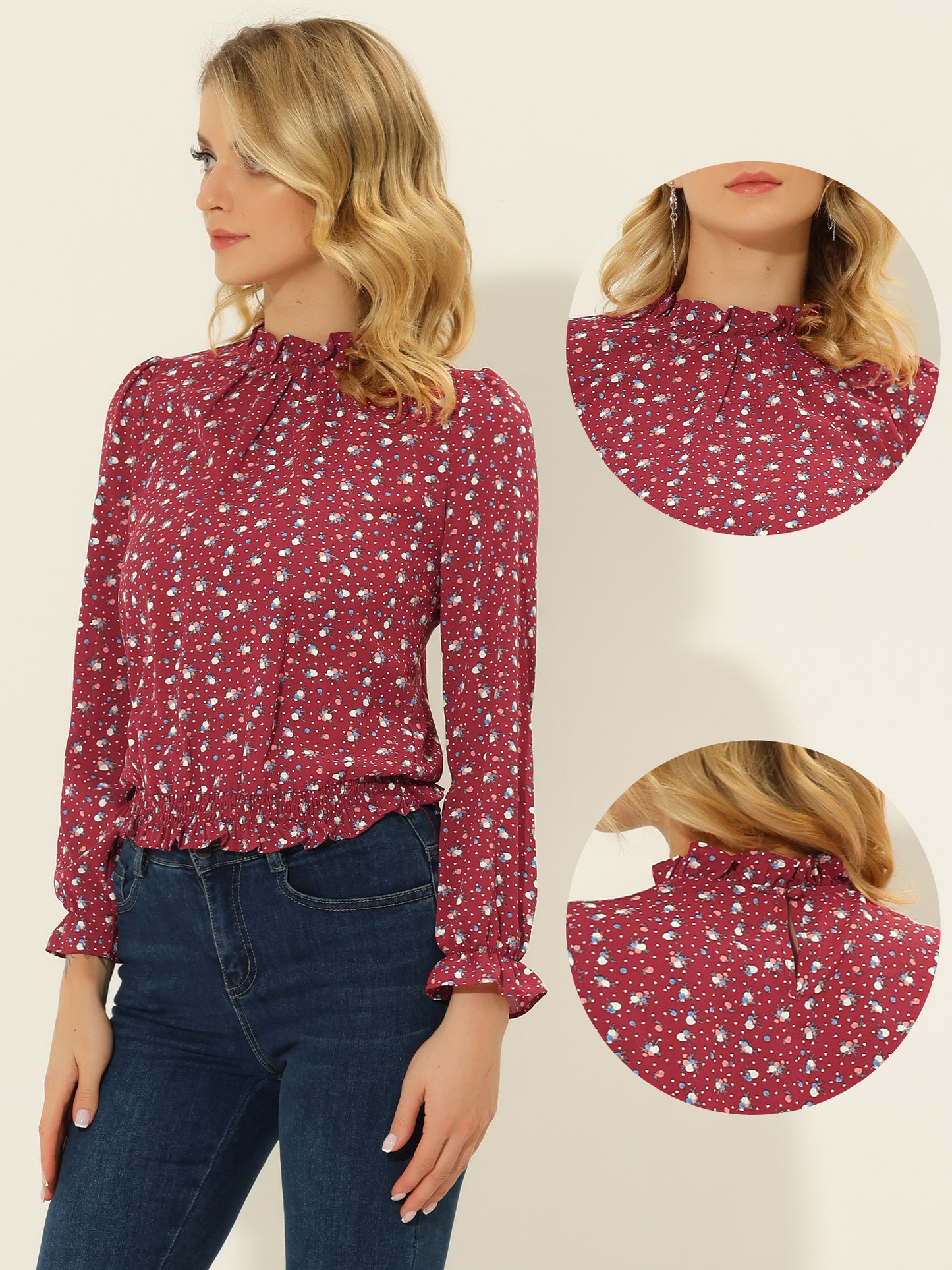 Women's Ruffled Floral Printed Vintage Collared Smocked Waist Blouse
