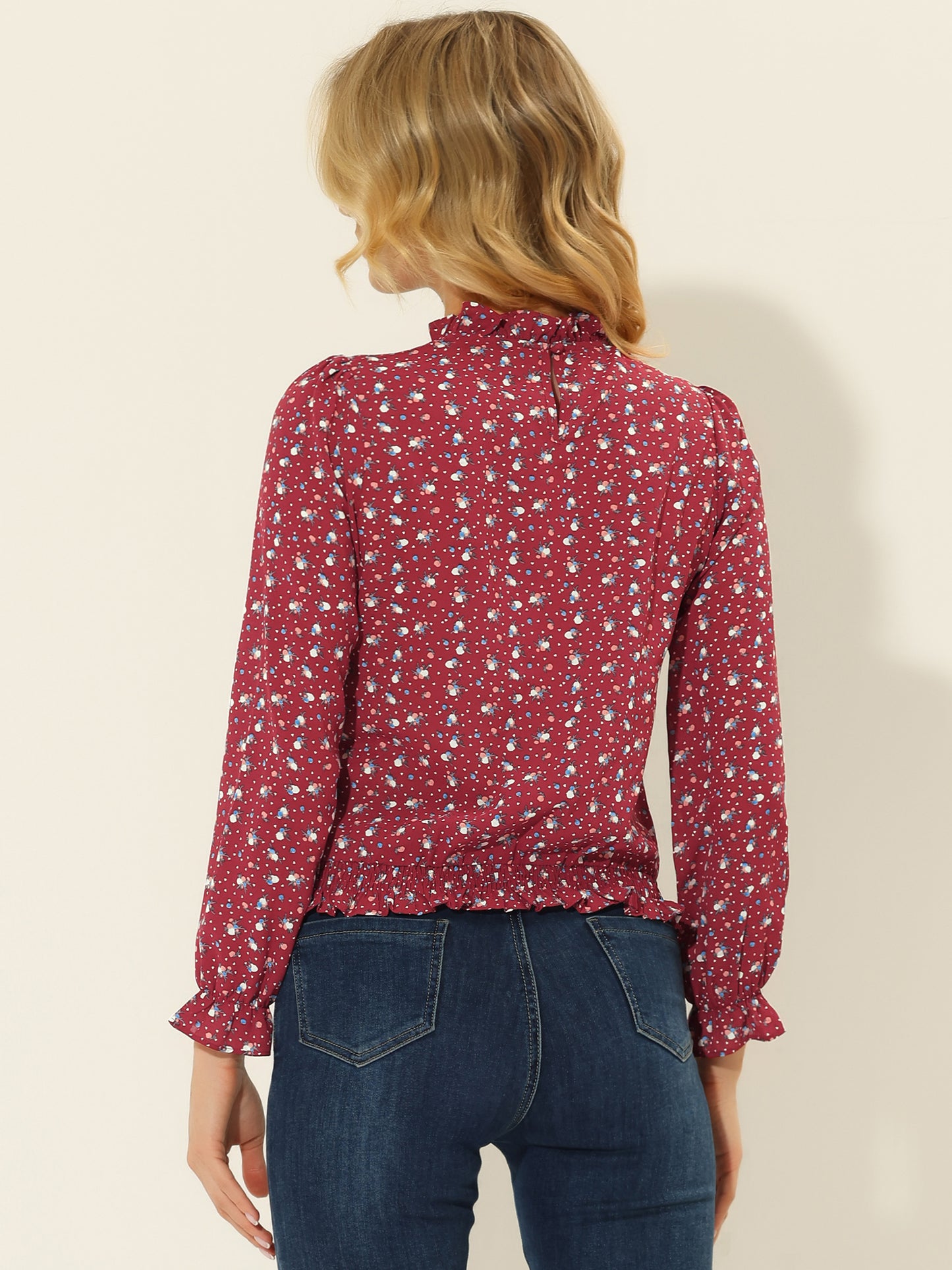 Women's Ruffled Floral Printed Vintage Collared Smocked Waist Blouse