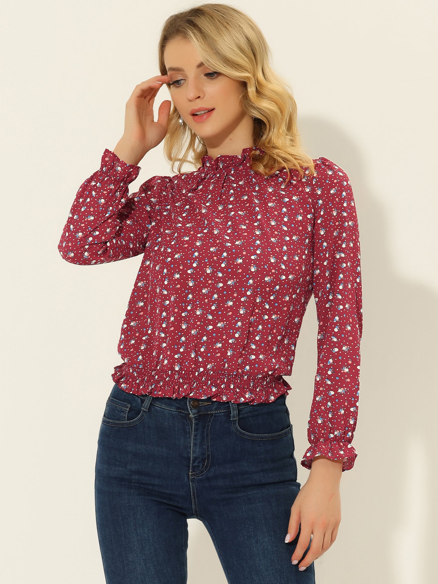 Women's Ruffled Floral Printed Vintage Collared Smocked Waist Blouse