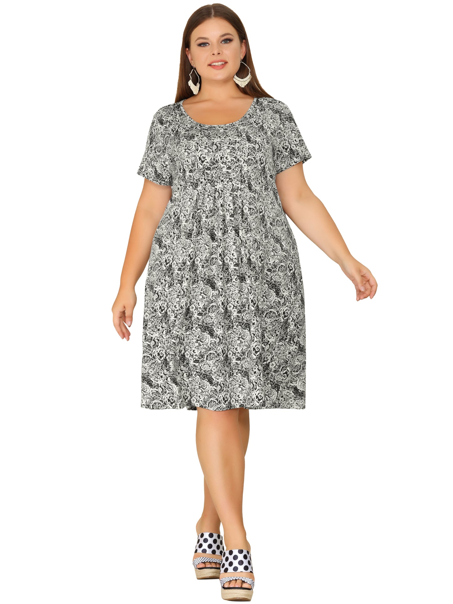 Women Plus Size Short Sleeves Pleated Summer Casual Loose Floral Dress