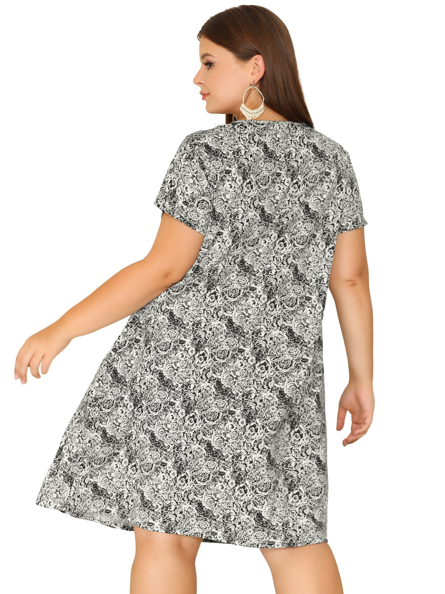 Women Plus Size Short Sleeves Pleated Summer Casual Loose Floral Dress