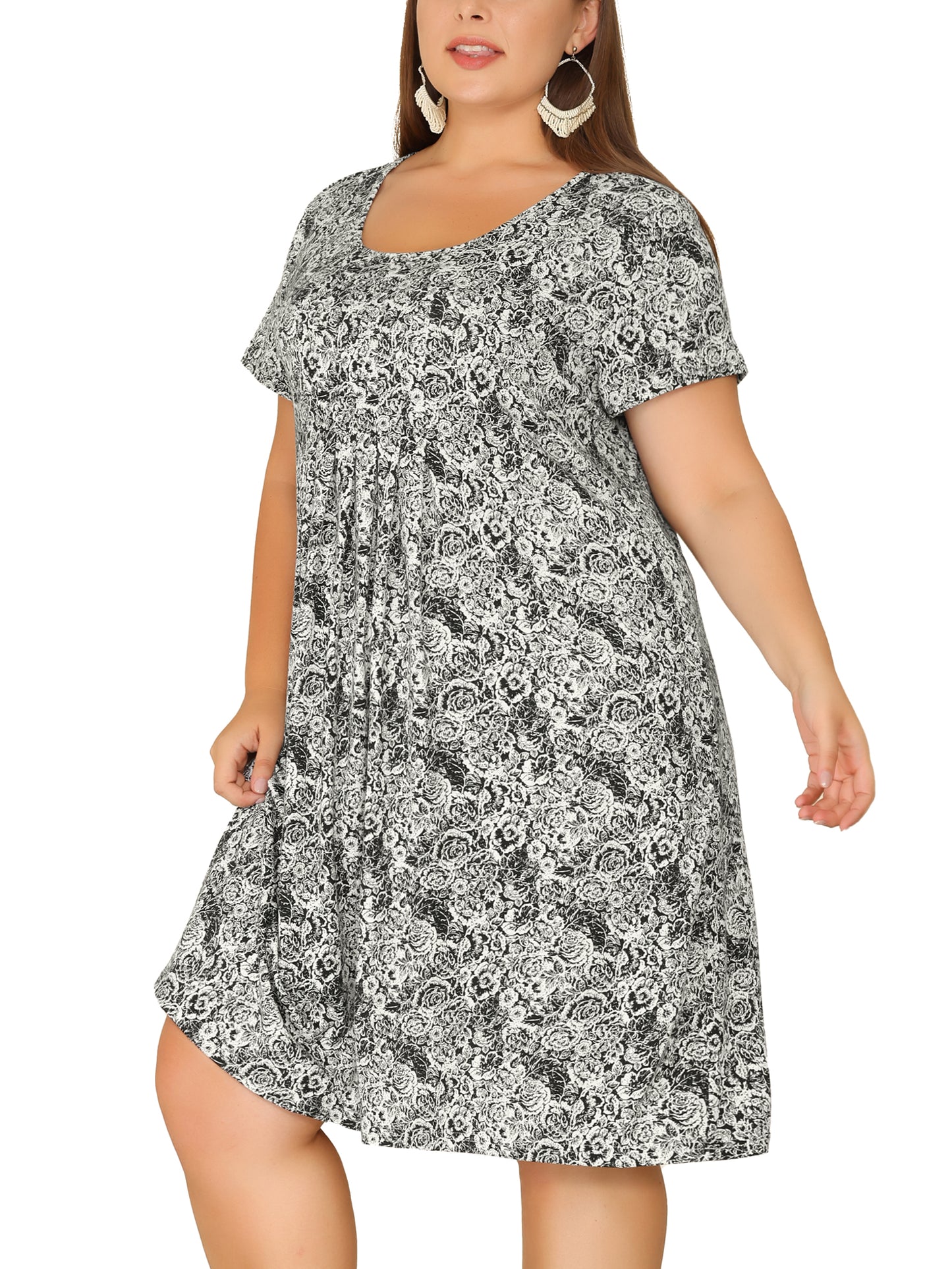 Women Plus Size Short Sleeves Pleated Summer Casual Loose Floral Dress