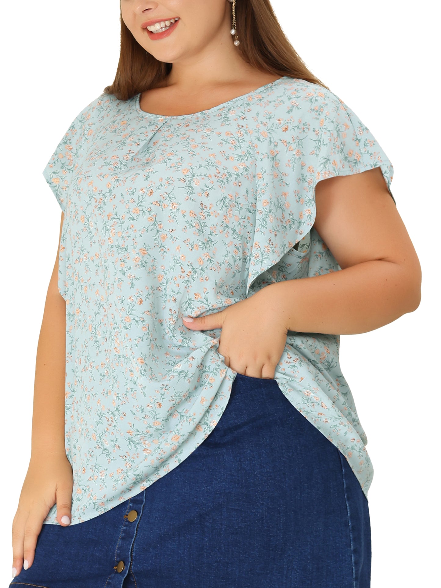 Women Plus Size Top Round Neck Short Sleeve Ruffle Summer Polka Dots Floral Blouse