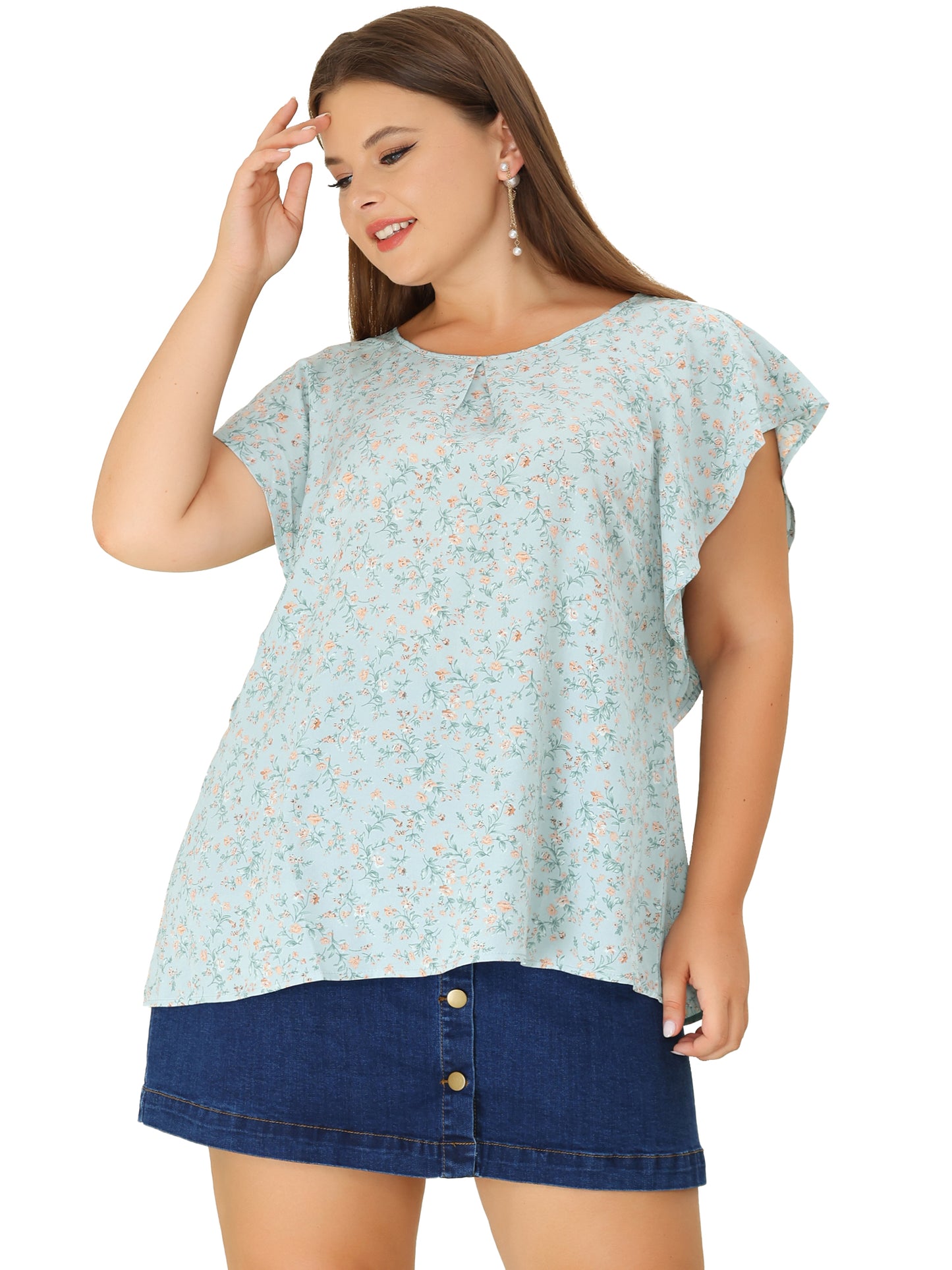 Women Plus Size Top Round Neck Short Sleeve Ruffle Summer Polka Dots Floral Blouse