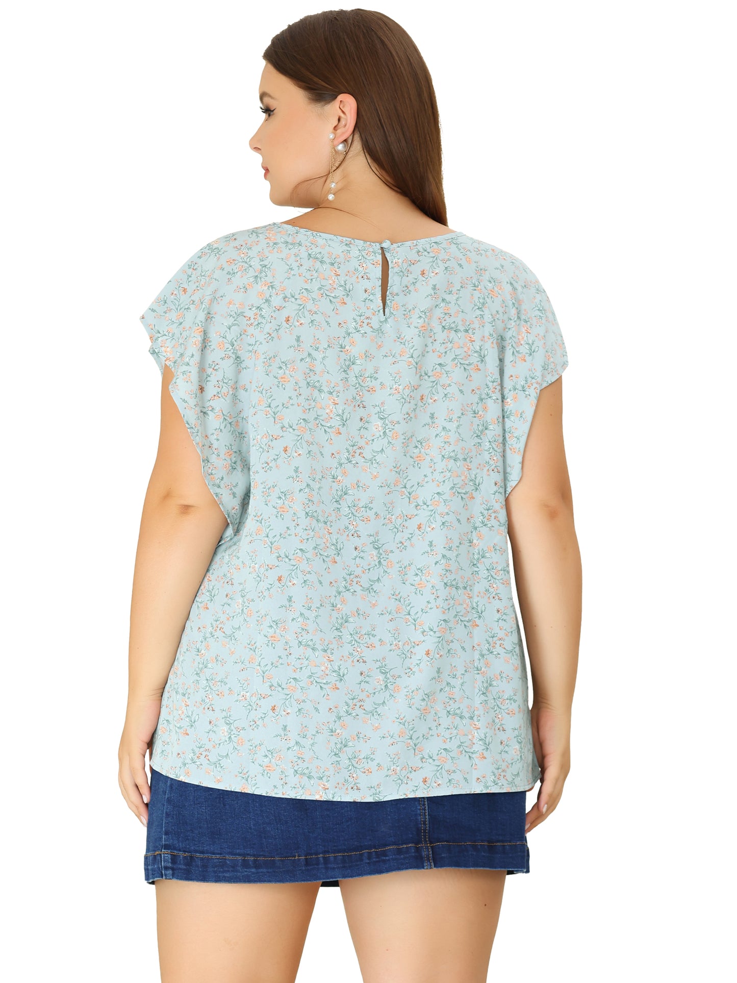 Women Plus Size Top Round Neck Short Sleeve Ruffle Summer Polka Dots Floral Blouse