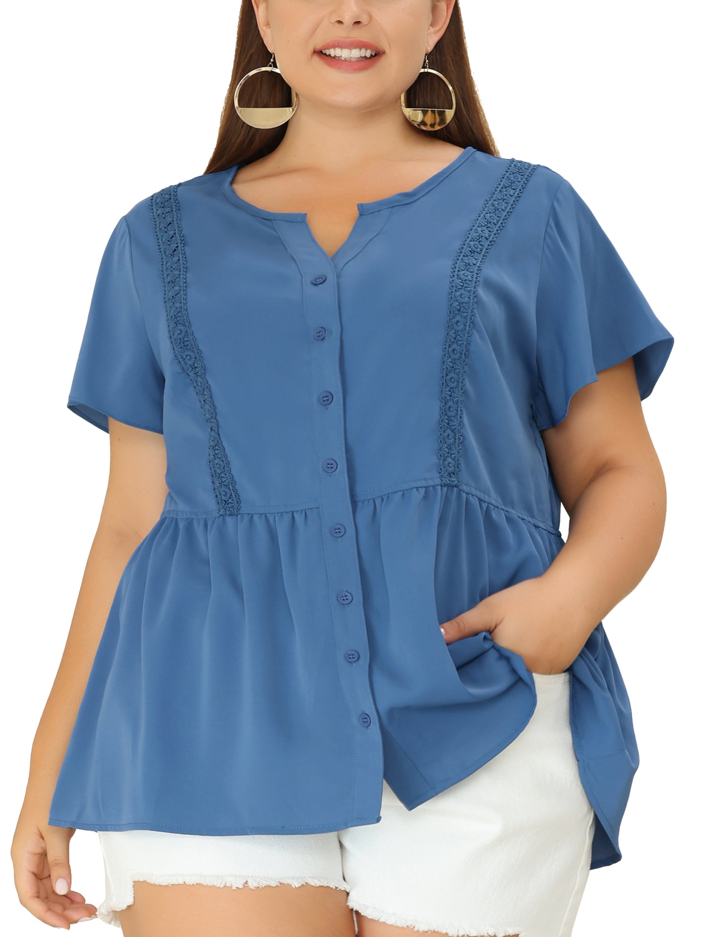 Women Plus Size Blouse Shirt Button Down V Neck Short Sleeve Flare Peplum Top