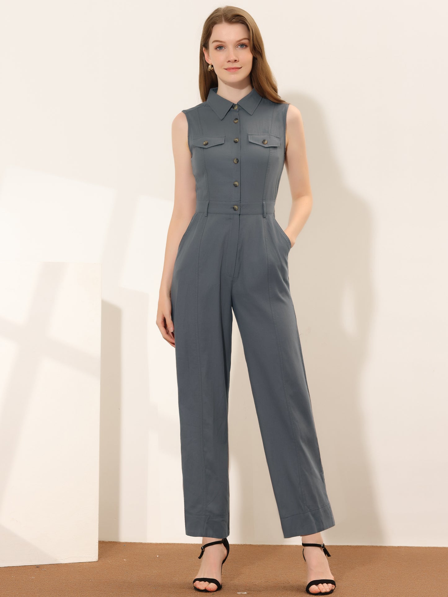 Women's Wide Leg Jumpsuit Sleeveless Collared Tie Waist Coverall Button Down Cargo Jumpsuits