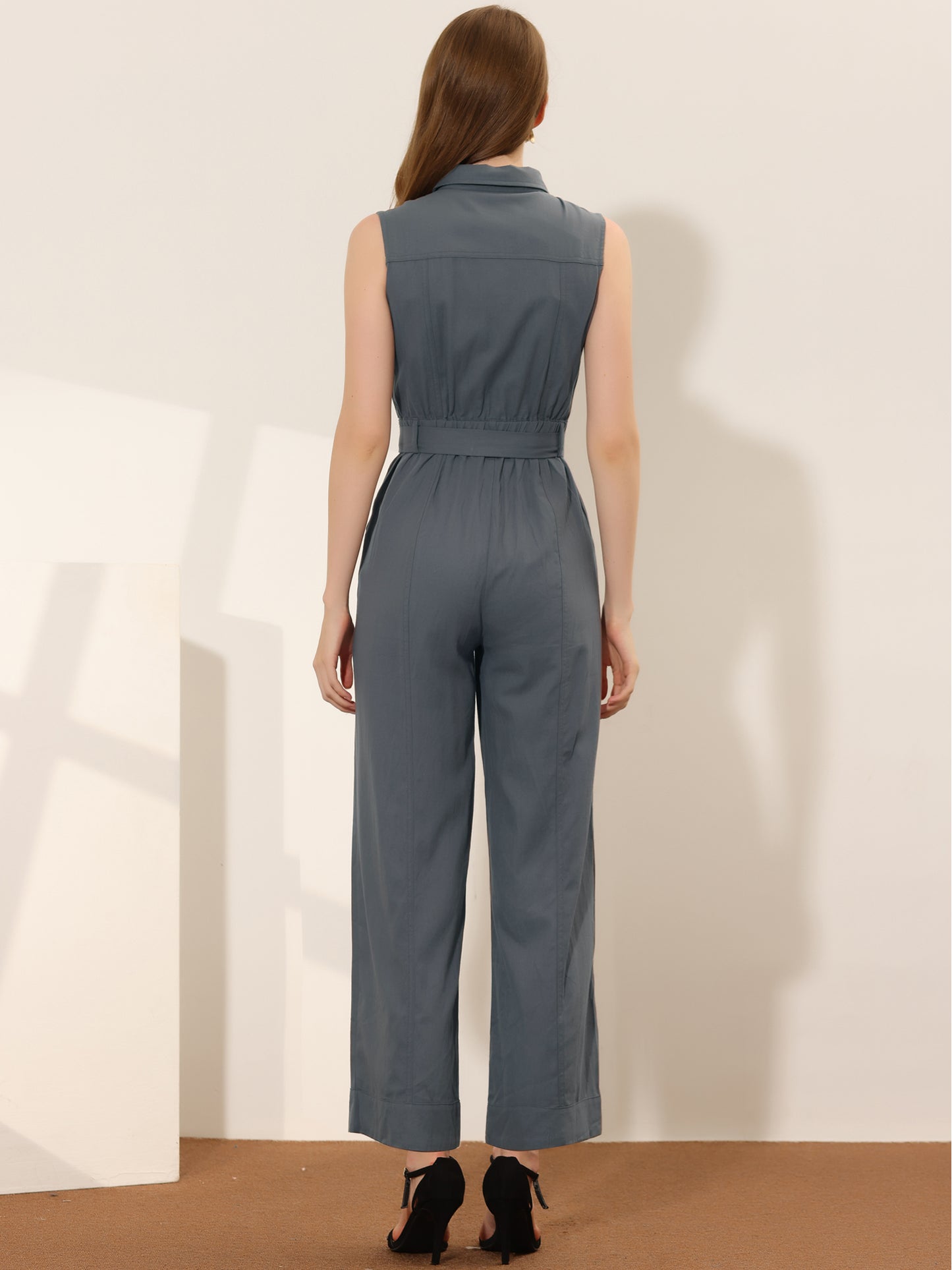 Women's Wide Leg Jumpsuit Sleeveless Collared Tie Waist Coverall Button Down Cargo Jumpsuits