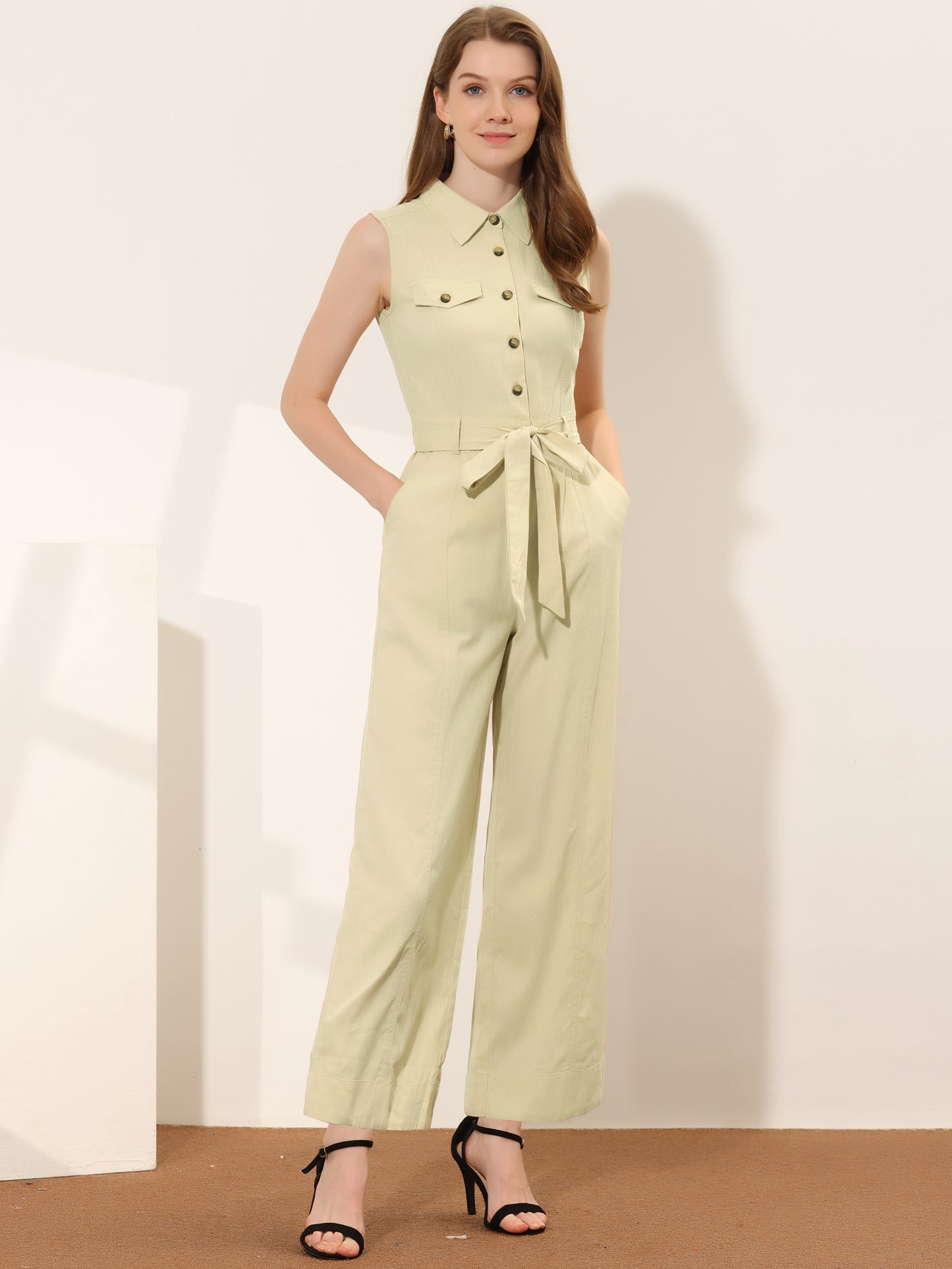 Women's Wide Leg Jumpsuit Sleeveless Collared Tie Waist Coverall Button Down Cargo Jumpsuits