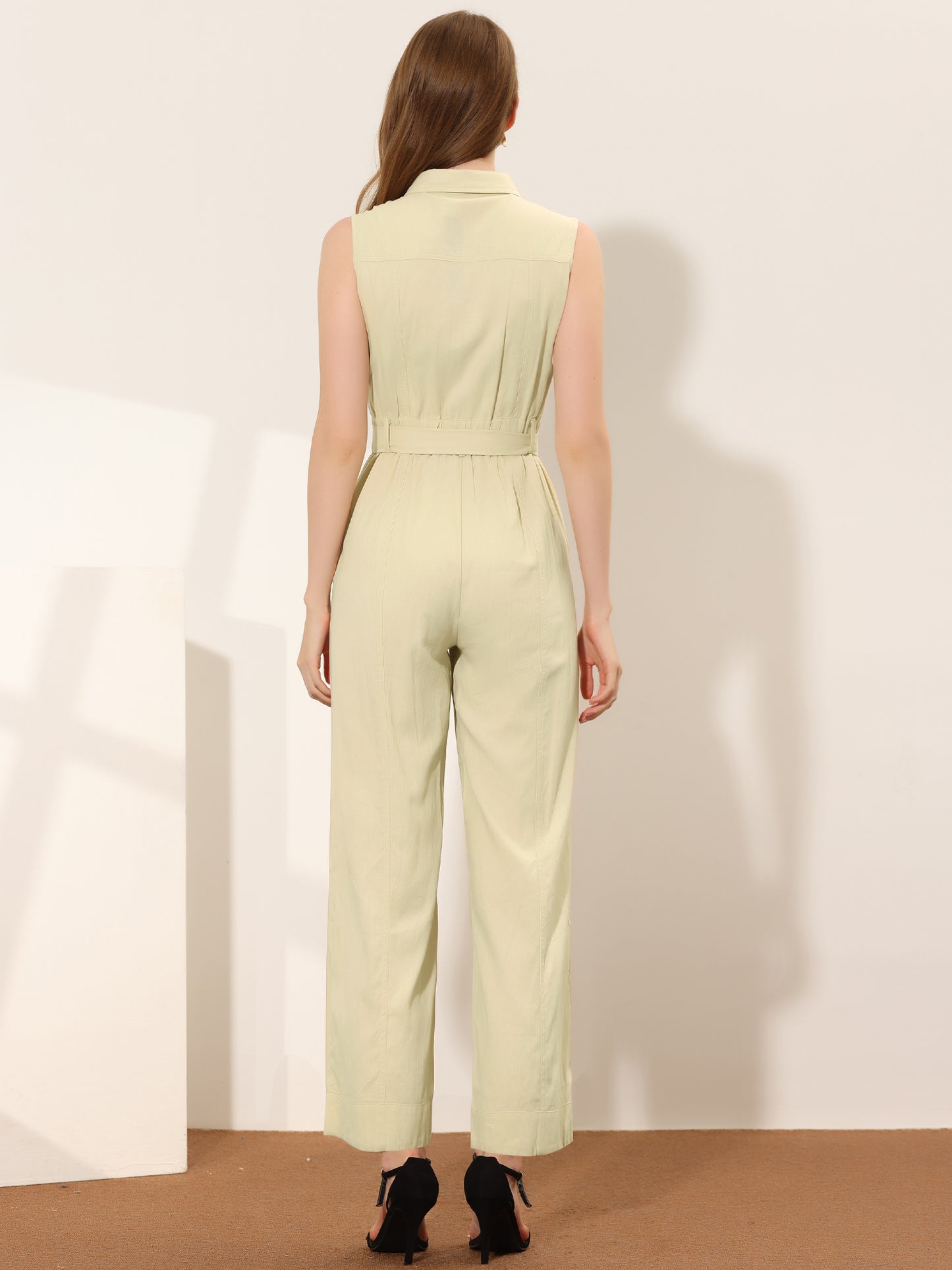 Women's Wide Leg Jumpsuit Sleeveless Collared Tie Waist Coverall Button Down Cargo Jumpsuits