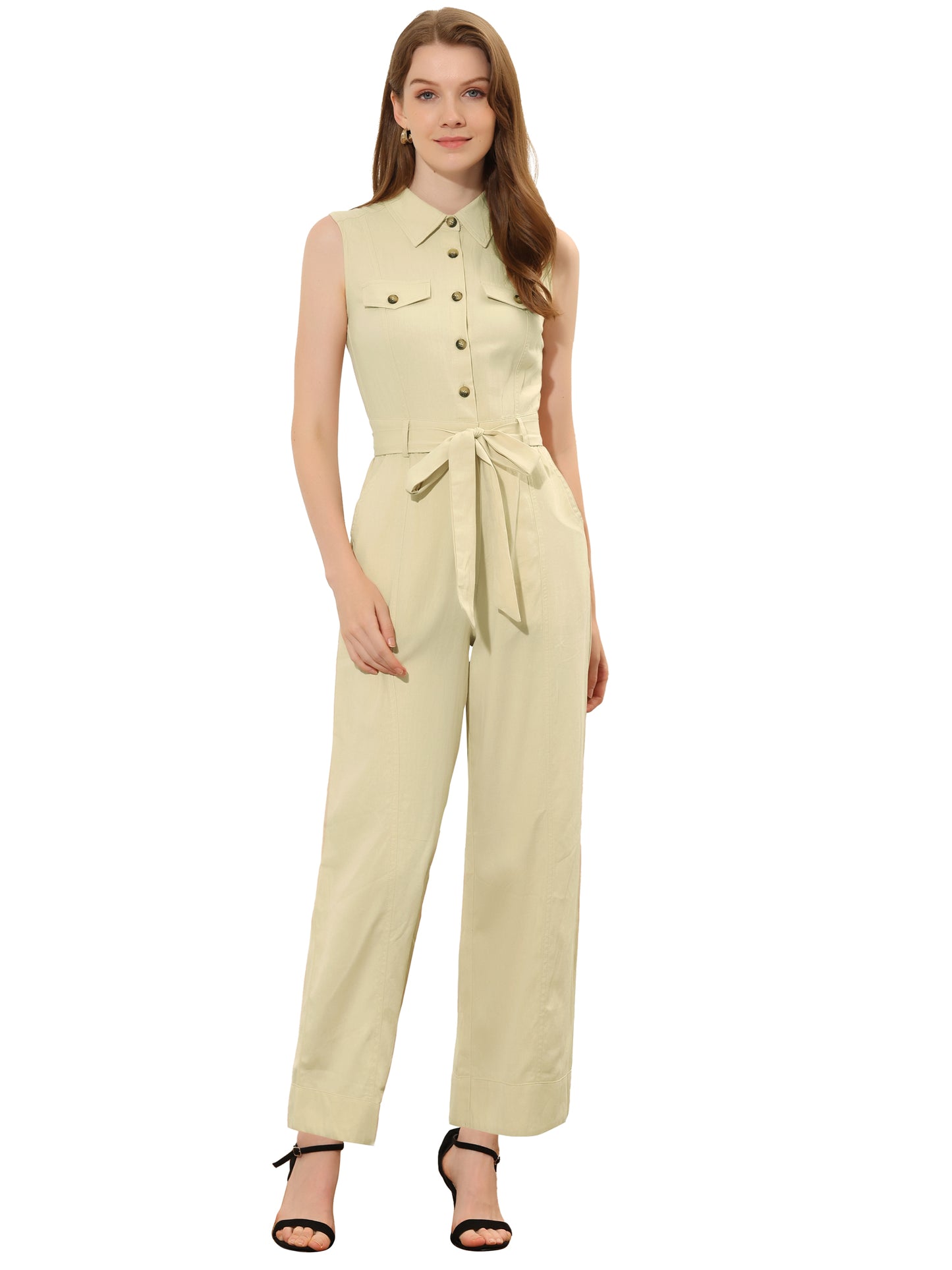 Women's Wide Leg Jumpsuit Sleeveless Collared Tie Waist Coverall Button Down Cargo Jumpsuits